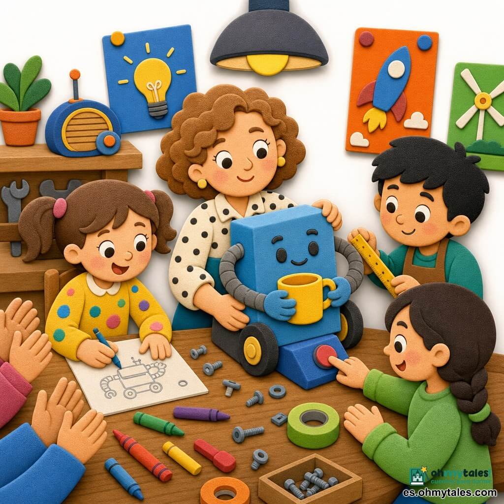 Clara, inventora sonriente y serena, ojos brillantes, cabello corto rizado castaño claro, lleva una blusa de lunares y sostiene delicadamente una pequeña caja con brazos flexibles que abraza una taza; parece orgullosa y dulce; Ana, niña de unos 8 años con coletas y vestido amarillo manchado de pintura, dibuja a la izquierda; Mateo, niño de unos 9 años de cabello negro corto, con regla y delantal, mide una rueda a la derecha; Luz, niña de unos 7 años con trenzas y camisa verde, prueba un botón y sonríe sentada frente a la caja; taller acogedor con mesa de madera clara cubierta de tornillos, lápices, cinta, una radio redonda, carteles coloridos y una lámpara con luz suave; escena principal: la caja abraza la taza, los niños aplauden en un ambiente colaborativo y tranquilo, colores vivos y contrastados, formas simples y redondeadas, texturas tipo espuma EVA, contornos gruesos y sombras muy suaves.