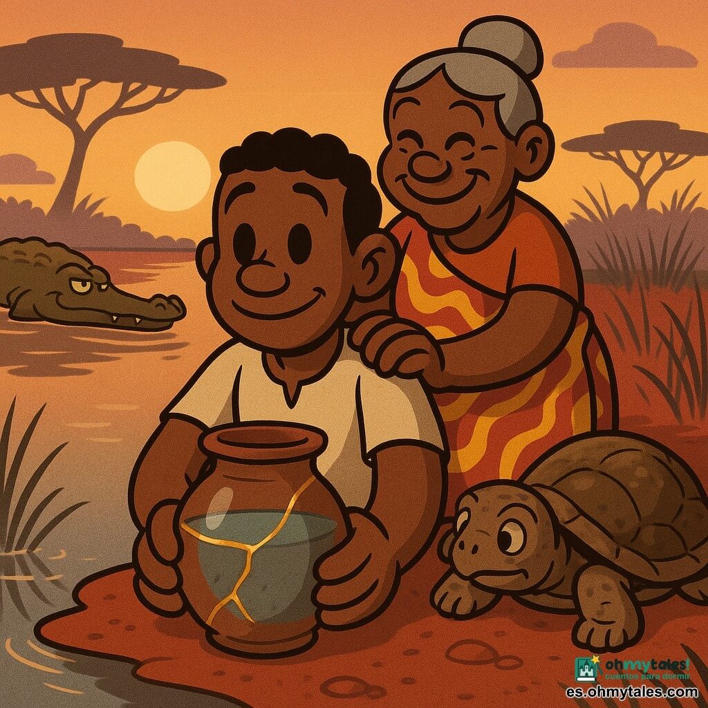 Koffi, hombre de unos treinta años de piel morena y pelo corto rizado, mira sereno y orgulloso la jarra reparada con las manos apoyadas sobre ella, junto a la orilla del brazo muerto del río; Mama Awa, mujer de unos 50 años de piel oscura y cabello gris recogido, sonríe y apoya una mano en su hombro; una tortuga vieja de caparazón lodoso emerge cerca de la orilla a la derecha de Koffi como observadora, y un cocodrilo semisumergido a la izquierda añade un toque de peligro cómico; la escena al crepúsculo muestra la jarra llena de agua clara con la fisura visible como una cicatriz dorada, sobre una ribera de arena roja, agua tranquila que refleja un cielo naranja y violeta y acacias y hierbas altas en silueta, la composición centrada en la jarra y las manos unidas.