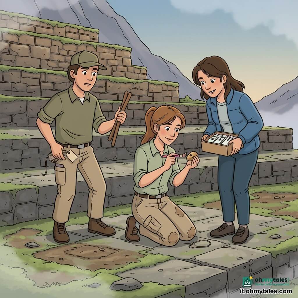 Lucia, archeologa di circa 28–32 anni, è inginocchiata, concentrata e dolce; ha capelli castano chiaro raccolti in una coda, macchie di terra sulle ginocchia dei pantaloni beige, camicia verde pallido e un piccolo pennello rosa con cui spolvera delicatamente una pietra forata. Mara, donna di circa 30–35 anni, a destra, sorridente e calma, con giacca blu tiene una scatola di sacchetti etichettati e si china verso il reperto. Diego, uomo di circa 34–38 anni, a sinistra, un po' affannato ma d'aiuto, con berretto kaki tiene due picchetti, un rotolo di corda e ripone un'etichetta. Luogo: terrazza montana in pietra coperta di muschio, gradinate di vecchie pietre, strisce di terreno umido, leggera foschia grigio perla e un vecchio muro a blocchi sullo sfondo. Situazione: scena calma e ordinata che protegge una scoperta — luce serale soffusa, toni caldi e texture visibili.