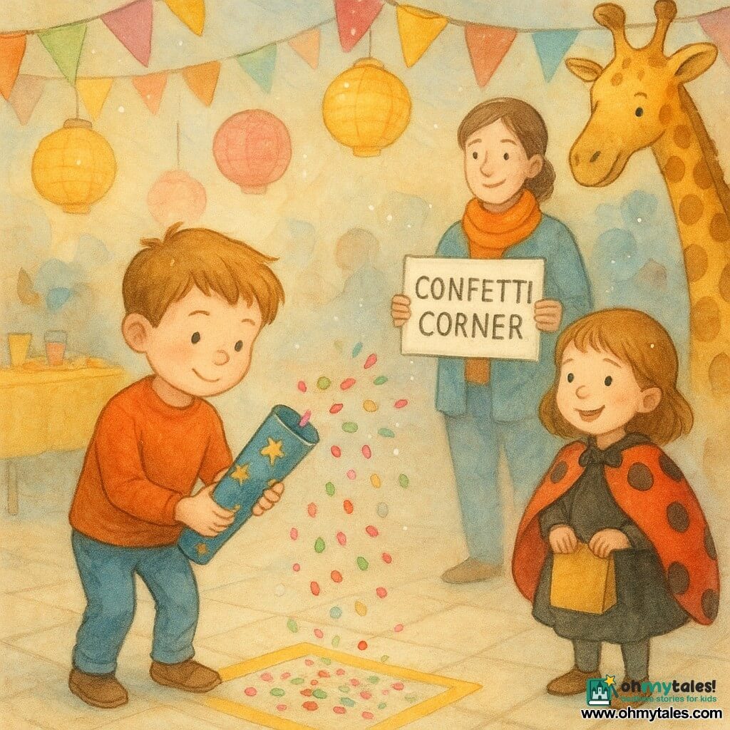 A 6-year-old boy with a round face, small nose and tousled light brown hair, focused and proud, gently releases red, green, pink and silver confetti from a blue paper tube decorated with gold stars into a taped square on the tiled floor; a roughly 5-year-old girl in a red-and-black ladybug cape smiles, holding a small paper mat beside him, while an adult volunteer with an orange scarf and tied-back hair stands slightly back near a craft table holding a "CONFETTI CORNER" sign and a man in a giraffe costume watches smiling, neck bent to see. The cultural center is decorated like a carnival with multicolored paper garlands, yellow and pink lanterns and floating banners; during the indoor parade the boy practices slow, precise confetti throws as the costumed crowd dances and a gentle draft passes through.