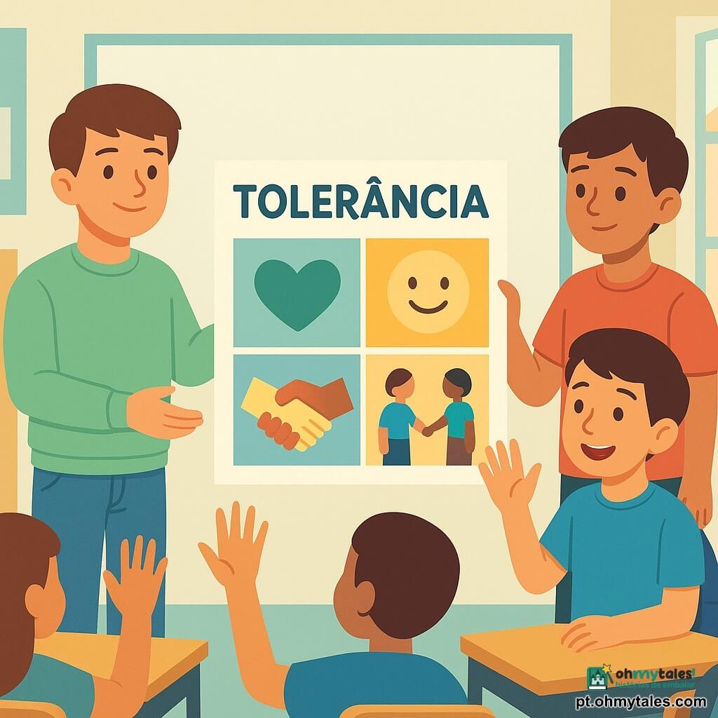 Tomás (12 anos), expressão serena e benevolente, cabelo castanho curto, suéter verde-claro e jeans, está em pé mostrando um grande cartaz colorido segurando um canto com confiança; Léo (12 anos), rosto iluminado e emocionado, cabelo curto, camiseta azul e pequena mochila azul no chão ao lado, sentado ao lado de Tomás mostrando desenhos no cartaz e acenando com as mãos; Simão (12 anos), ar surpreso e depois conciliador, camiseta vermelha, ligeiramente atrás segurando o outro lado do cartaz e sorrindo timidamente; sala de aula clara com paredes pastel, cartazes educativos, estante de livros, carteiras de madeira clara, quadro branco e janelas com luz quente; apresentação em grupo sobre tolerância, toda a turma aplaude visualmente levantando e abanando as mãos abertas num gesto sincronizado e alegre, atmosfera inclusiva e cores vivas.