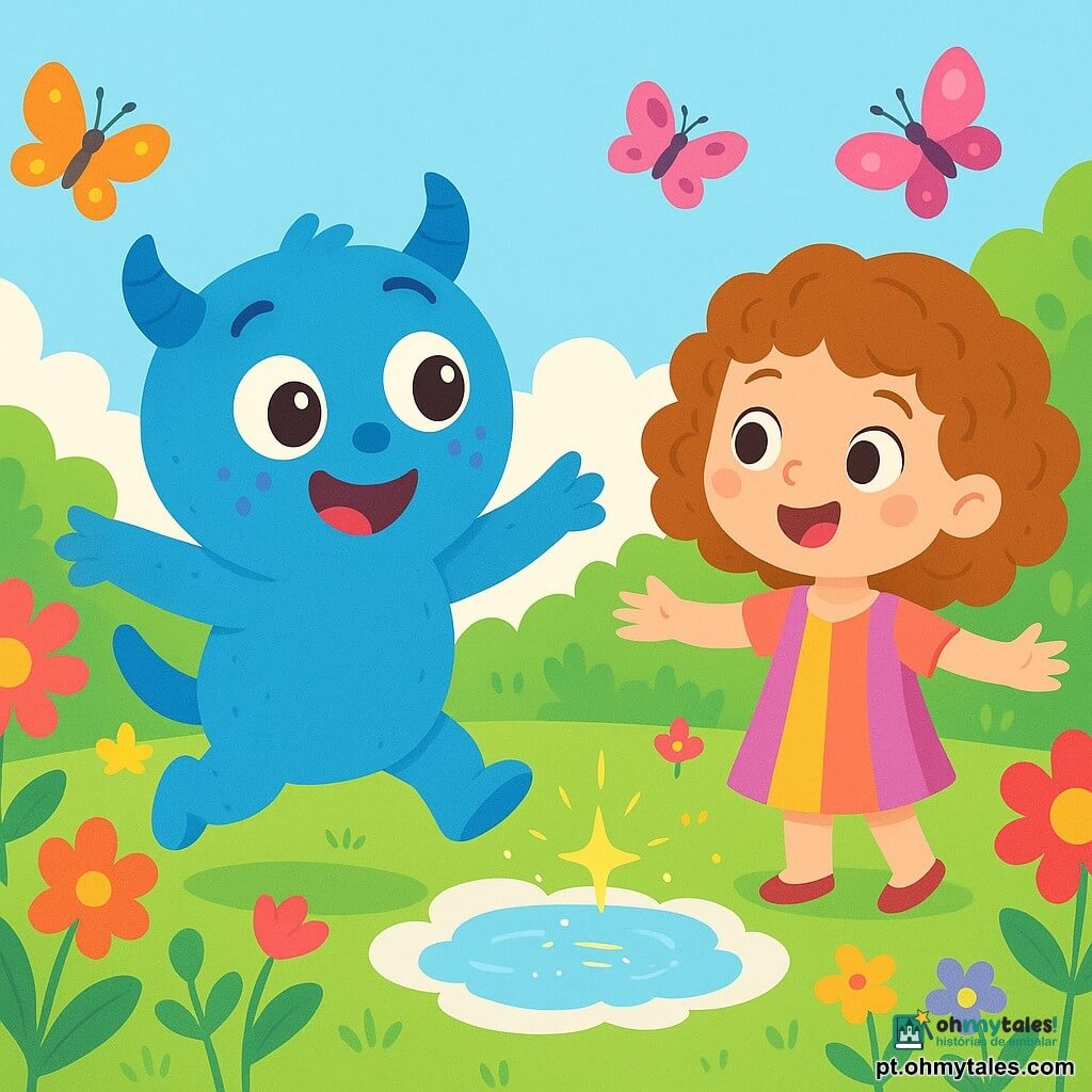Um monstrinho azul, chamado Mio, com grandes olhos suaves e pintinhas lilases nas bochechas, salta alegremente perto de um lago de nuvens, seu rosto expressando uma curiosidade cintilante. Perto dele, uma menina de 6 anos, com cabelos cacheados e um vestido colorido, observa Mio com admiração, os braços abertos, como se quisesse convidá-lo a dançar. O jardim encantado está cheio de flores vibrantes, com pétalas brilhantes, e borboletas multicoloridas que dançam no ar, criando uma atmosfera mágica. A cena principal mostra Mio descobrindo uma luz cintilante perto do lago, intrigado e pronto para se aproximar e ver o que é.