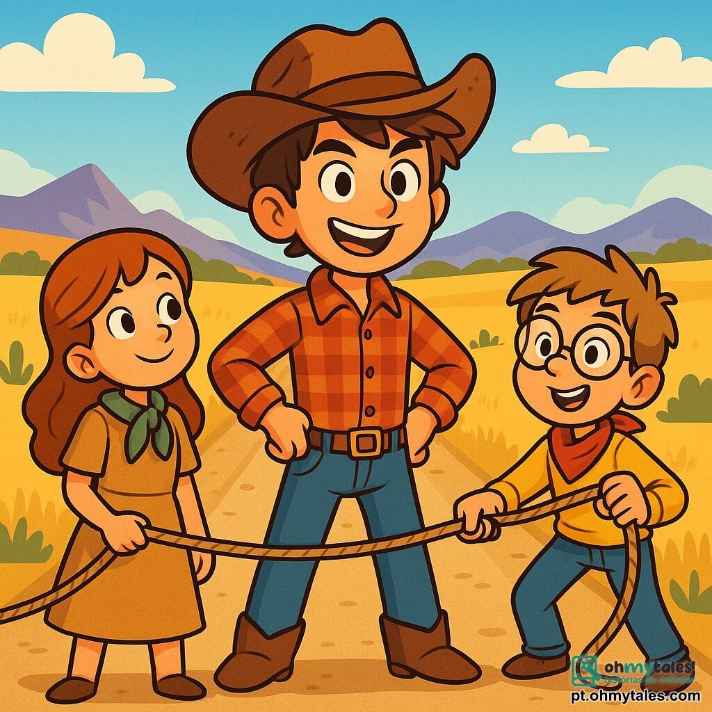 Um jovem cowboy, Joaquim, um garoto de 12 anos, se posiciona corajosamente no centro da cena. Ele tem cabelos castanhos desgrenhados, um grande sorriso e usa um chapéu de cowboy desgastado, uma camisa xadrez vermelha e uma calça jeans. Seu olhar é determinado e brilhante de excitação enquanto se prepara para enfrentar os bandidos. Ao seu lado, Clara, uma menina de 11 anos, com cabelos longos e cacheados, veste um vestido de juta e um lenço ao redor do pescoço. Ela observa Joaquim com admiração, pronta para ajudá-lo na aventura. Pedro, um garoto de 12 anos, está ligeiramente atrás, com um rosto brincalhão e óculos redondos. Ele segura uma corda nas mãos, pronto para agir. A cena se passa em uma estrada empoeirada do Velho Oeste, cercada por vastas pradarias douradas e colinas ondulantes sob um céu azul brilhante. Ao longe, montanhas se delineiam no horizonte, acrescentando um toque majestoso à paisagem. A situação principal mostra Joaquim e seus amigos esticando uma corda para capturar os bandidos que se aproximam. A excitação e a adrenalina são palpáveis enquanto se preparam para defender sua cidade com bravura e inteligência.