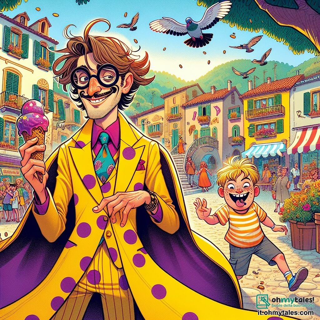 Giacomino, un uomo dai capelli castani disordinati e con occhiali tondi, indossa un costume giallo vivo a pois viola e un grande cappotto che fluttua dietro di lui. Ha un sorriso malizioso e occhi scintillanti di gioia, mentre si prepara a lanciare un potente sbadiglio. Accanto a lui, Piero, un ragazzo di 10 anni con capelli biondi e lentiggini, ride fragorosamente, tenendo un cono gelato che minaccia di cadere. La scena si svolge nella vivace città di Bambolonia, con case colorate, alberi verdi e una grande piazza animata dove i bambini giocano e gli adulti chiacchierano. Al centro della piazza, un gruppo di piccioni teppisti semina il caos, rubando popcorn ai turisti, mentre risate e grida di divertimento risuonano attorno a loro. Giacomino, pronto ad agire, si trova in mezzo a questa agitazione, pronto a usare il suo potere comico per riportare la pace e far ridere tutti.