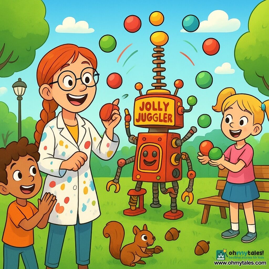 A joyful, amazed female inventor with braided red hair, round glasses and a paint-splattered colorful lab coat presses a big red button and laughs as her whimsical red-and-yellow metal machine "Jolly Juggler," with visible springs, articulated arms and blinking lights, spins and tosses multicolored balls into colorful arcs; a delighted curly-haired 6-year-old boy applauds and jumps at the front, an 8-year-old blonde girl on a bench hands balls to the inventor, and a mischievous hazel squirrel juggles three acorns in the grass while the sunny park with green lawn, round-leaved trees, wooden benches, lampposts and colorful houses under a blue sky with fluffy clouds provides a festive backdrop.