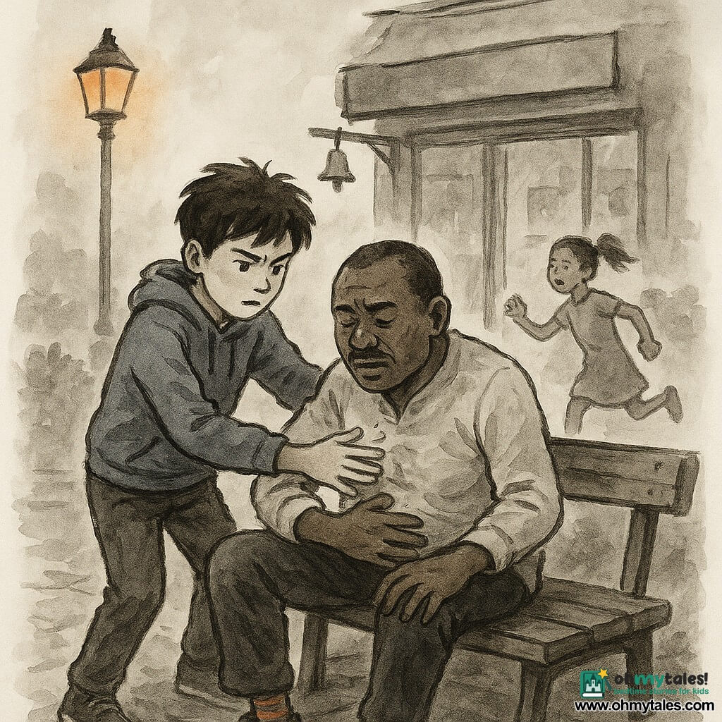 Milo, a focused and brave 12-year-old boy with messy brown hair and determined eyes, wearing a blue sweatshirt, leans over Mr. Kofi to give back blows and abdominal thrusts with slightly trembling hands but a confident expression; Mr. Kofi, about 50, dark-skinned with a short mustache and colorful socks, sits bent on a worn wooden bench, face flushed then relieved, a small white lozenge rolled on the pavement beside him; Lila, a panicked then proud 9-year-old girl with a ponytail, runs toward the shop in the background to fetch help holding a coin; the setting is a small grocer's storefront with a wooden sign and brass bell, a cobbled sidewalk, an orange streetlamp casting warm dusk light, mailboxes and trimmed bushes; the dramatic, immediate scene shows Milo helping to dislodge a stuck object with clear dynamic actions, sweat drops and marked movement, rendered in fluid black ink with gray washes and light color touches to emphasize the evening warmth and the small lighthouse sticker on Milo's notebook near the bench.