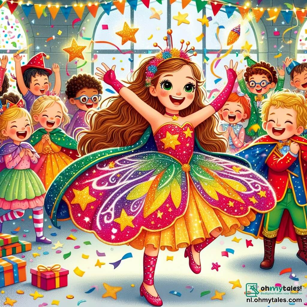 Een 6-jarig meisje, Lotte, met lange bruine haren en sprankelende ogen, draagt een vlinderkostuum met glanzende, kleurrijke vleugels. Ze danst met een grote glimlach op haar gezicht, omringd door glitters en confetti. Naast haar staat haar vriend Finn, een 6-jarig jongetje met rommelig blond haar, in een rode cape versierd met sterren. Hij maakt een blije sprongetje met zijn armen omhoog, klaar om op te stijgen naar het feest. De setting is een feestelijk klaslokaal, versierd met kleurrijke ballonnen, glinsterende slingers en carnaval tekeningen aan de muren. Kinderen in verschillende kostuums dansen en lachen om hen heen, wat een sfeer van vreugde en opwinding creëert. De hoofdscène toont Lotte en Finn die optreden voor hun klasgenoten, met gelach en applaus in de lucht, terwijl levendige kleuren de achtergrond van het lokaal verlichten.