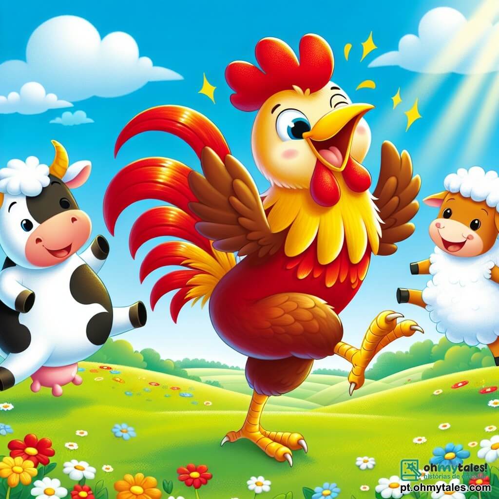 Um galo alegre chamado Zé, com penas vermelhas e douradas brilhantes, dança com entusiasmo, um grande sorriso no rosto. Ele está no centro da imagem, pulando com energia, suas asas abertas. À sua direita, uma vaca branca com manchas pretas, de olhos doces, olha para Zé rindo, com suas grandes orelhas em pé. À sua esquerda, uma ovelha fofinha, com lã branca e cacheada, pula alegremente, seus olhos brilhando de felicidade. Ao fundo, um campo verde se estende até onde a vista alcança, salpicado de flores coloridas e um céu azul radiante. A cena mostra Zé e seus amigos dançando juntos, criando uma atmosfera de alegria e camaradagem na fazenda ensolarada.