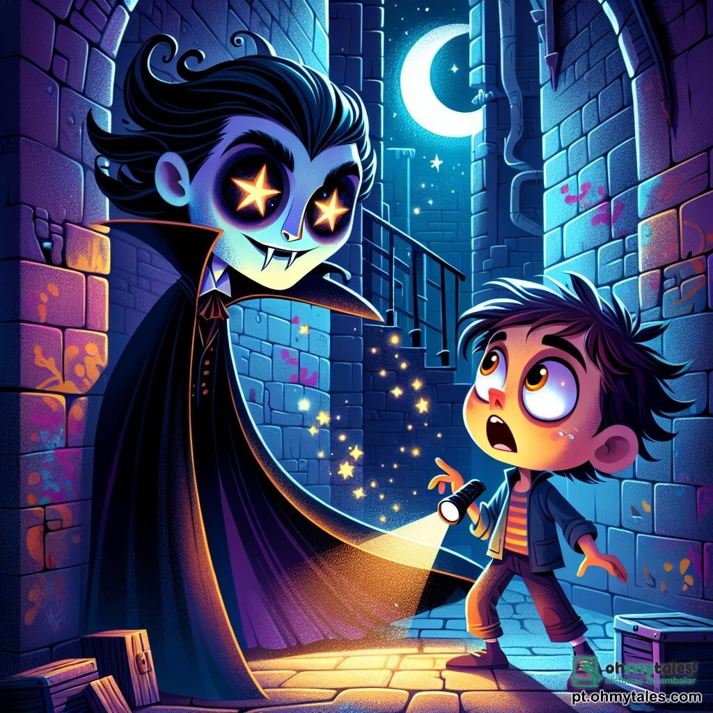 Um vampiro misterioso, Vlad, com uma capa negra flutuante e olhos brilhantes como estrelas, está em um canto escuro de um beco. Seu rosto é pálido e seus dentes afiados estão levemente visíveis, expressando uma surpresa misturada com curiosidade. A alguns passos, Léo, um garoto de 10 anos com cabelos castanhos bagunçados e olhos cintilantes, observa Vlad com uma mistura de espanto e excitação, segurando uma lanterna que ilumina seu rosto. O beco é estreito, cercado por muros de tijolos antigos, com sombras dançantes criadas pela luz da lua. Grafites coloridos decoram as paredes, adicionando um toque de magia urbana. Nessa cena, Léo acaba de tropeçar em uma velha caixa, fazendo um barulho que surpreendeu Vlad. A atmosfera é tensa, mas cheia de potencial, enquanto esses dois seres, um humano e outro vampiro, se encontram pela primeira vez sob a luz prateada da lua.