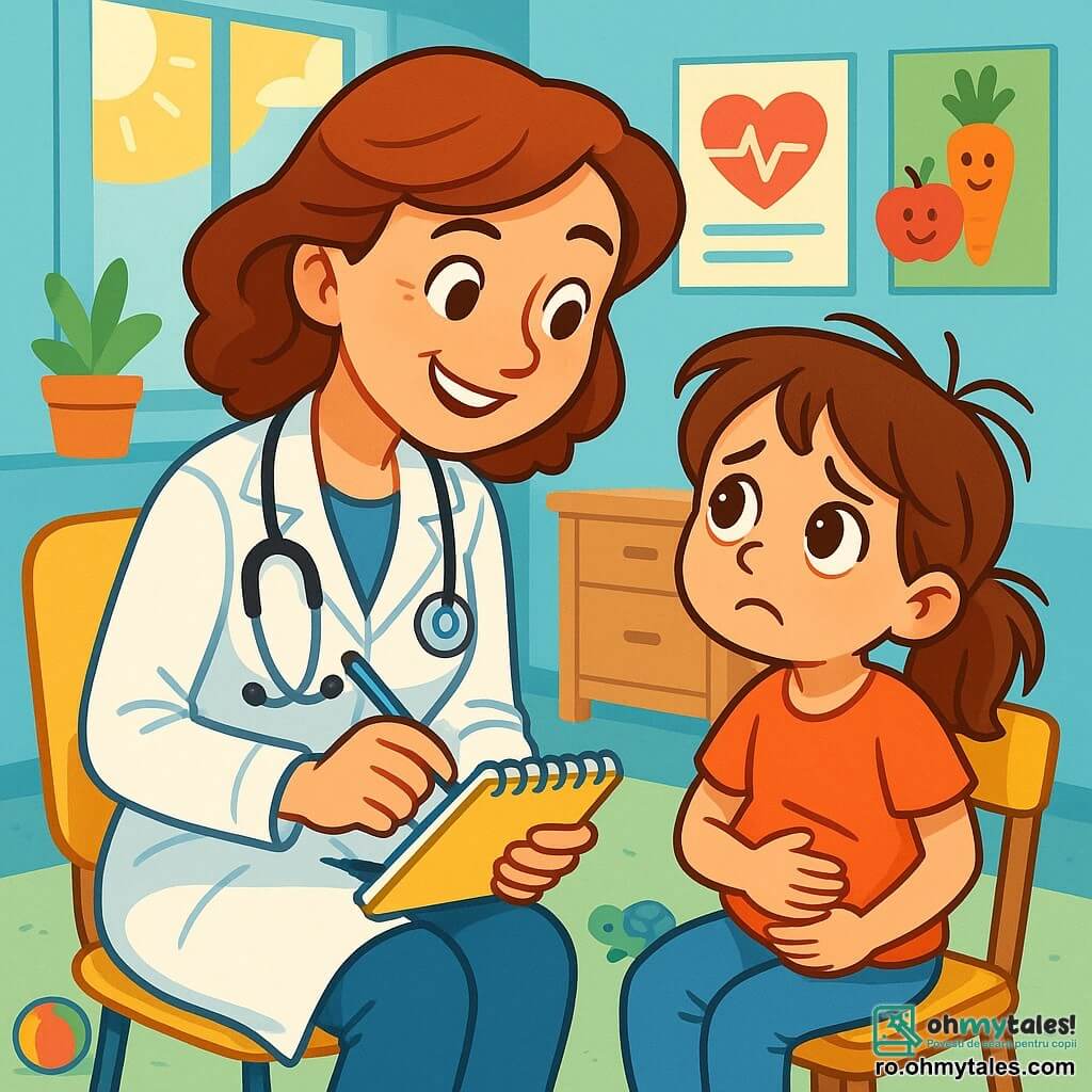 O medică, cu un zâmbet cald și ochi strălucitori, poartă un halat alb și un stetoscop la gât. Se apleacă spre o fetiță de aproximativ 7 ani, care are ochi mari și triști și părul brun în dezordine. Fetița stă pe un scaun, ținându-și burtica cu o expresie de disconfort, dar și de speranță, uitându-se la medică. Cabinetul medical este luminos și primitor, cu pereți vopsiți în albastru deschis, postere colorate despre sănătate și jucării împrăștiate pe podea. O fereastră mare lasă să intre lumina soarelui, iluminând camera. Medica o examinează pe fetiță, punându-i întrebări cu bunătate, în timp ce fetița îi vorbește despre durerea de burtă, sperând să găsească confort și o soluție.