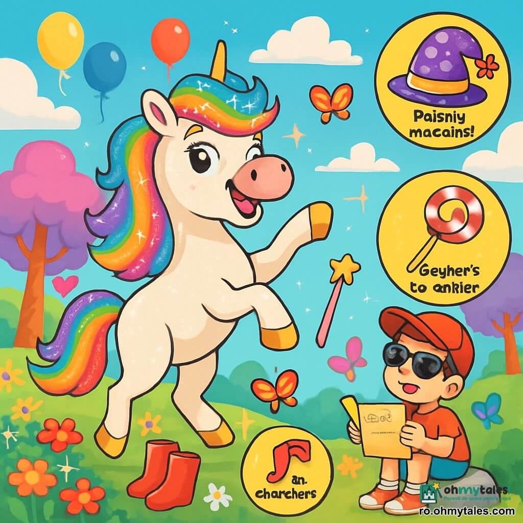 O unicornă strălucitoare, cu o coamă arc-en-ciel sclipitoare și ochi jucăuși, dansează vesel în mijlocul unui câmp de flori multicolore. Are un zâmbet larg, iar copitele ei aurii strălucesc sub soare. Aproape, un băiețel de 8 ani, purtând o șapcă roșie și ochelari de soare, o observă cu uimire, ținând în mâini o hartă a comorii din hârtie. Este așezat pe o piatră, înconjurat de fluturi colorați. Peisajul este feeric, cu copaci cu trunchiuri în spirală și nori în formă de bomboane, în timp ce baloane plutesc în cerul albastru. Unicornul se pregătește să aleagă între o pălărie amuzantă, cizme care cântă și o baghetă magică din zahăr, creând o atmosferă plină de bucurie și entuziasm.