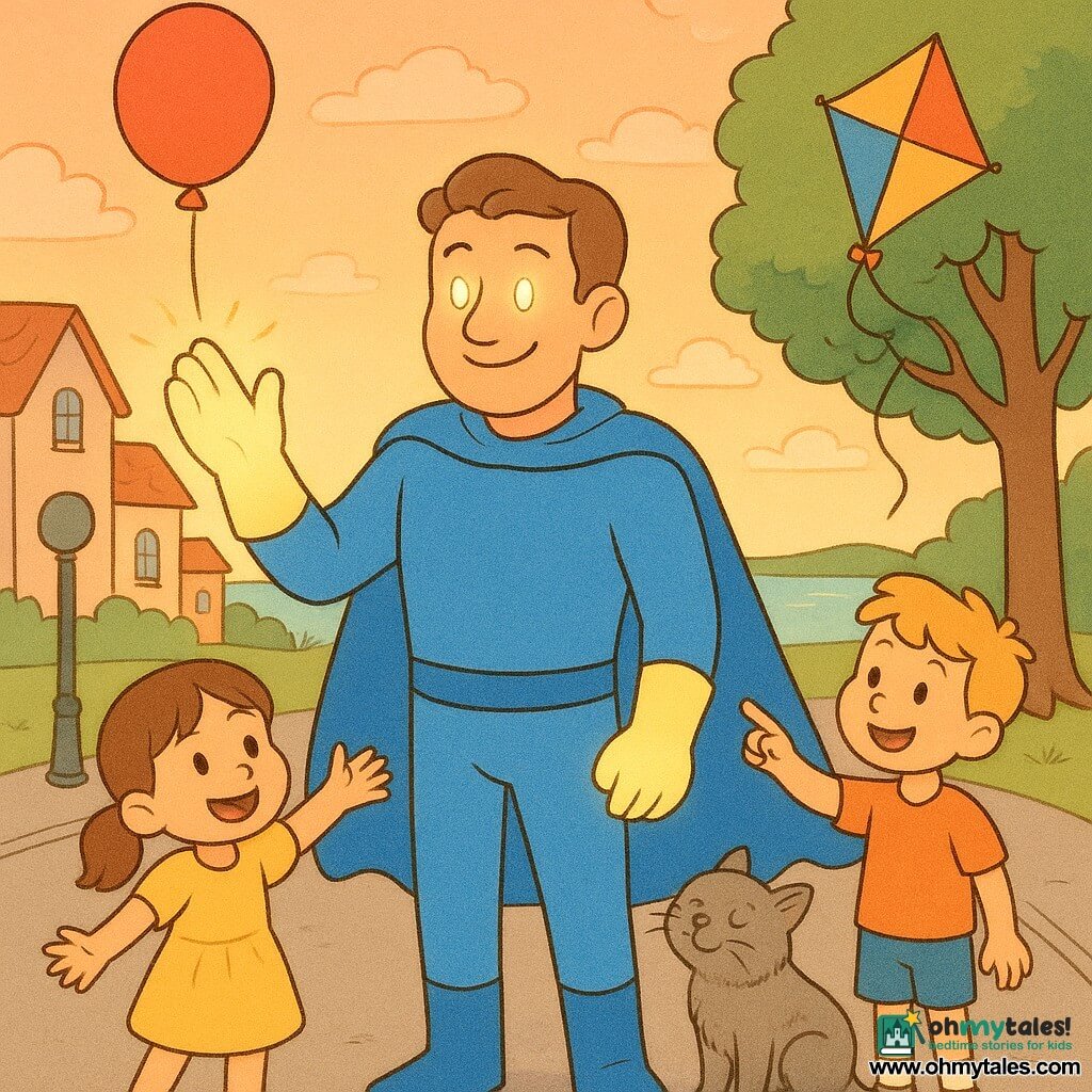 A tall, kind man named Sam stands center in a vivid blue suit and flowing cape, smiling with lamp-bright eyes and glowing gloves, holding a glowing hand that gently floats a red balloon above the road; a 6-year-old girl with brown pigtails in a yellow dress stands nearby on the sidewalk, hands open and awestruck, an 8-year-old blond boy points and smiles at a kite stuck in a tree to the right, a wet grey old cat cuddles Sam's feet by a porch; the scene is a calm, safe seaside village street with pastel houses, red roofs, round lampposts, a wooden bench and an orange-pink sunset, warm colors, rounded contours and soft textures in a simple joyful comic style.