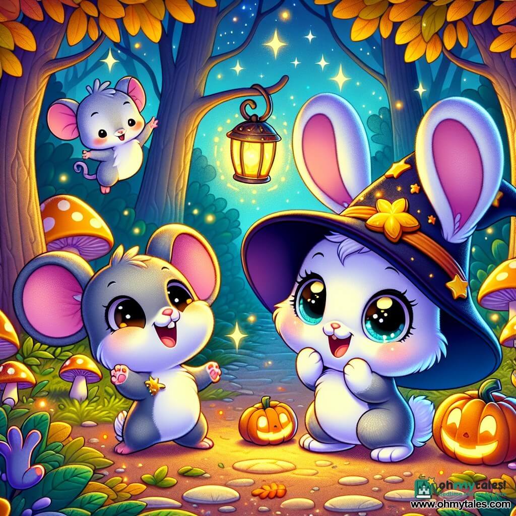In an enchanted clearing, Bunny Bluebell, a small rabbit with big ears and soft white fur, hops joyfully, her eyes shining with curiosity and excitement. She wears a little black witch's hat adorned with a golden star and holds a sparkling lantern that lights her way. Next to her, Squeaky, a small mouse with gray fur and twinkling eyes, rubs his paws with a mischievous smile, ready to tell a joke. A bit further away, Puddle, a plump duck with bright yellow feathers, flaps his wings laughing, his eyes sparkling with joy as he tries to dance and twirl. The clearing is lit by smiling pumpkin lanterns, surrounded by trees with golden and orange leaves dancing in the wind. Glowing mushrooms add a magical touch, and stars twinkle in the night sky. The friends stand at the center of the Halloween party, surrounded by costumed animals, laughing and dancing together, ready to enjoy delicious treats and share funny stories under the moonlight.