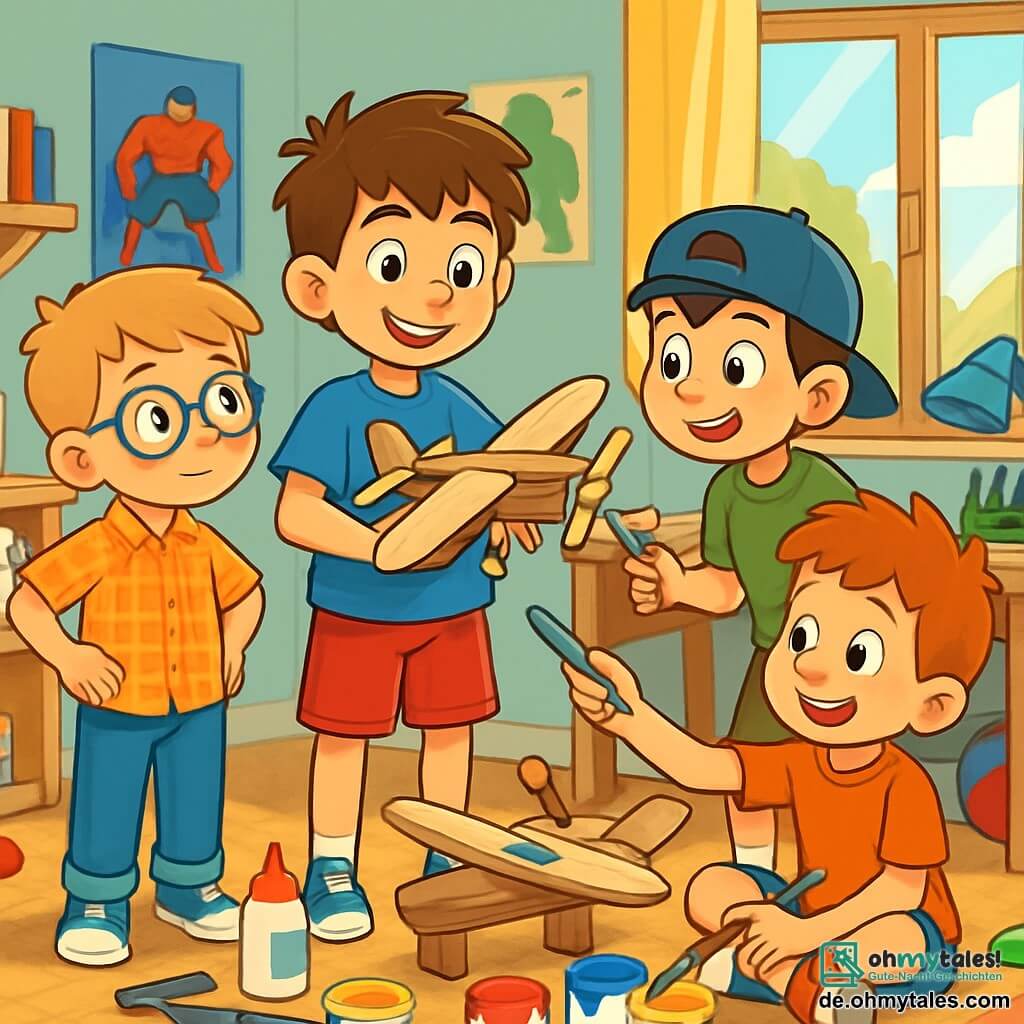 Es gibt vier Kinder: Max, ein 10-jähriger Junge mit zerzausten braunen Haaren und funkelnden Augen, trägt ein blaues T-Shirt und eine rote Shorts und hält stolz ein Holzflugzeugmodell in den Händen. Ben, ebenfalls 10 Jahre alt, hat blonde Haare und eine runde Brille, trägt ein kariertes Hemd und Jeans und betrachtet das Flugzeug bewundernd mit Händen in den Hüften. Lukas, ein 10-jähriger Junge mit schwarzen Haaren und einer rückwärts getragenen Mütze, trägt ein grünes T-Shirt und camouflierte Shorts und zeigt Max ein Werkzeug, bereit ihm beim Reparieren des Flugzeugs zu helfen. Tom, ein 10-jähriger Junge mit roten Haaren und Sommersprossen, trägt ein oranges T-Shirt und kurze Hosen, sitzt auf dem Boden umgeben von Farbe und Pinseln und malt begeistert das Flugzeug. Die Szene spielt in einem hellen Kinderzimmer voller bunter Spielzeuge und Superhelden-Postern an den Wänden. Ein großer Holztisch ist mit Bastelmaterialien überladen, und das Sonnenlicht strömt durch ein Fenster und taucht die Szene in eine sanfte Wärme. Die Hauptsituation zeigt die vier Freunde, die zusammenarbeiten, um ein altes Holzflugzeugmodell zu reparieren. Sie sind konzentriert und fröhlich, teilen Lachen und Ideen, während das halb bemalte Flugzeug mit Teilen, die zusammengeklebt werden, im Mittelpunkt ihrer Aufmerksamkeit steht.