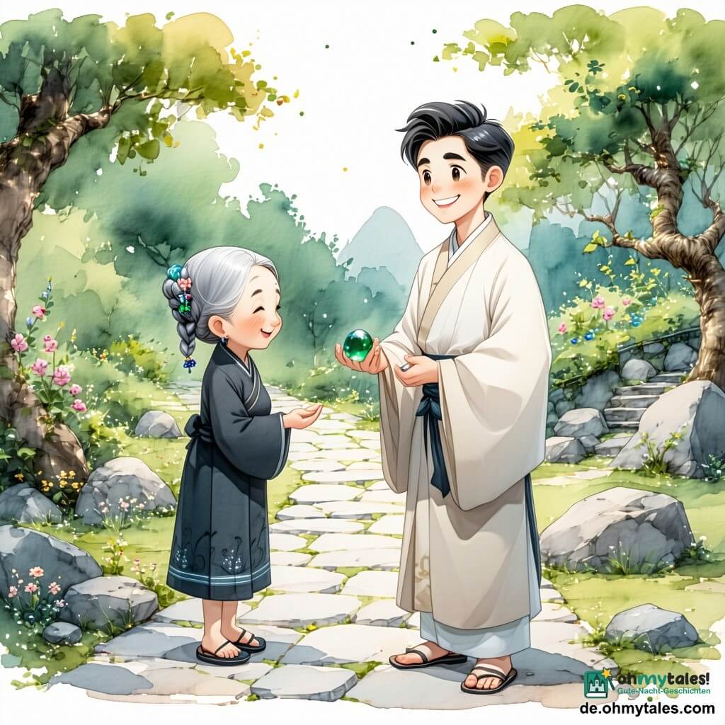 Ein junger lächelnder Mann, sanft erstaunt, mit kurzem schwarzen Haar und schlichtem hellbeigem Kimono, hält in der rechten Hand behutsam ein kleines glänzendes Jadeamulett und steht auf einem Steinweg; eine etwa 70-jährige Frau, resolut und wohlwollend, mit grau geflochtenem Haar und dunklem, dezent gemustertem Kleid, steht links etwas zurückgesetzt und blickt ihn mit einem zärtlichen Lächeln an; keine weiteren Hauptpersonen; Ort: ein heiliger Weg, gesäumt von hohen grünen Bambus- und blühenden Kirschbäumen, moosbewachsenen Steinen und alten Steinlaternen, sanftes Abendlicht in rosa und goldenen Tönen; Szene: der Mann hebt das zwischen den Wegsteinen gefundene Jadeamulett, das schwach grün leuchtet, friedliche, magische Atmosphäre mit fallenden Blättern; Stil: Buntstiftstriche, warme Farben und weiche Texturen, leicht verschwommene Konturen, Komposition zentriert auf Mann und Amulett.