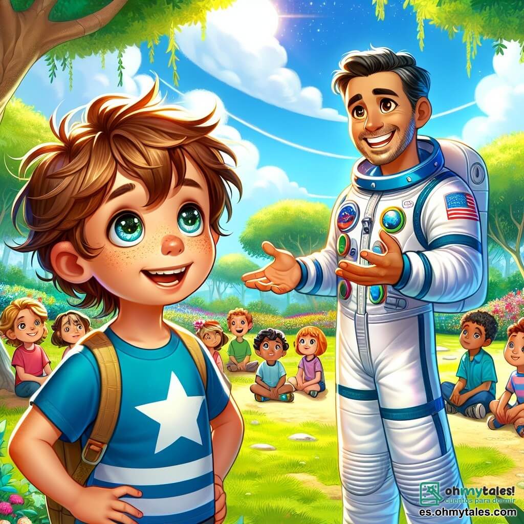 Un niño de siete años, llamado Marcos, está de pie en un parque soleado, con los ojos brillantes de asombro y una gran sonrisa en el rostro. Tiene el cabello castaño despeinado y lleva una camiseta azul con estrellas blancas. A su lado, un hombre alto y sonriente, el astronauta Alejandro, viste un traje espacial blanco con detalles coloridos, explicando con entusiasmo las maravillas del espacio. El parque está lleno de vegetación, con majestuosos árboles y flores coloridas que bailan con la brisa suave. Al fondo, un cielo azul brillante está salpicado de nubes blancas esponjosas. La escena muestra a Marcos escuchando atentamente al astronauta, con las manos en las caderas, cautivado por las historias de viajes interestelares y planetas lejanos. Otros niños, sentados a su alrededor, muestran expresiones de curiosidad y admiración, escuchando ávidamente cada palabra.