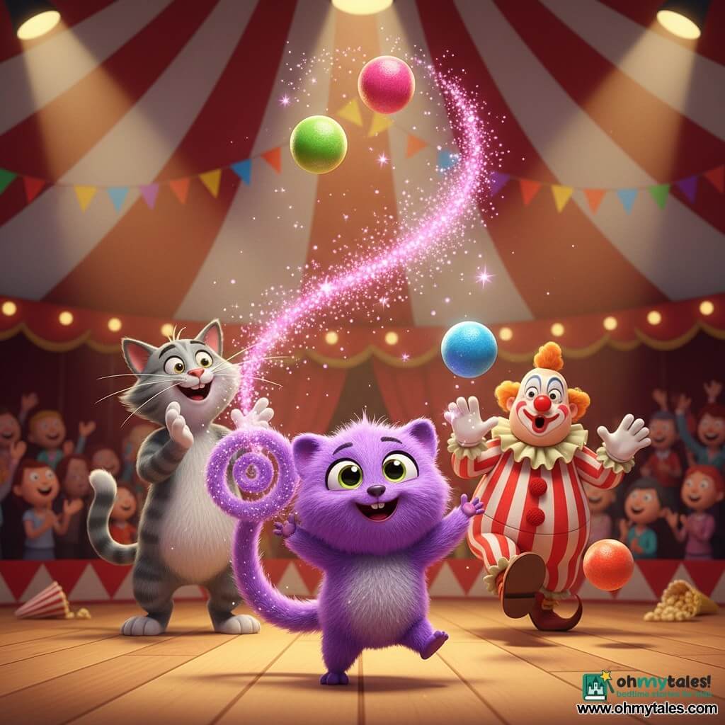 A small main character, a fluffy purple creature named Fizzlewump with bright eyes, a wide smile and a spiral tail blowing pink glitter, stands center juggling three sparkling colorful balls while Whiskers, an enthusiastic grey tabby anthropomorphic cat with twitching whiskers, applauds from just behind left; a surprised, comic clown with a red nose and vivid makeup rushes in from the right chasing a bouncing ball in a textured red-and-white striped costume; the scene is inside a large red-and-white circus tent with polished wooden floor, warm yellow spotlights, colorful pennant garlands and popcorn cones suggested in the background, the joyful circus act at its climax with balls flying high in a cloud of glitter and a blurred applauding audience, dynamic centered composition, saturated colors and strong contrasts for a childlike magical effect.