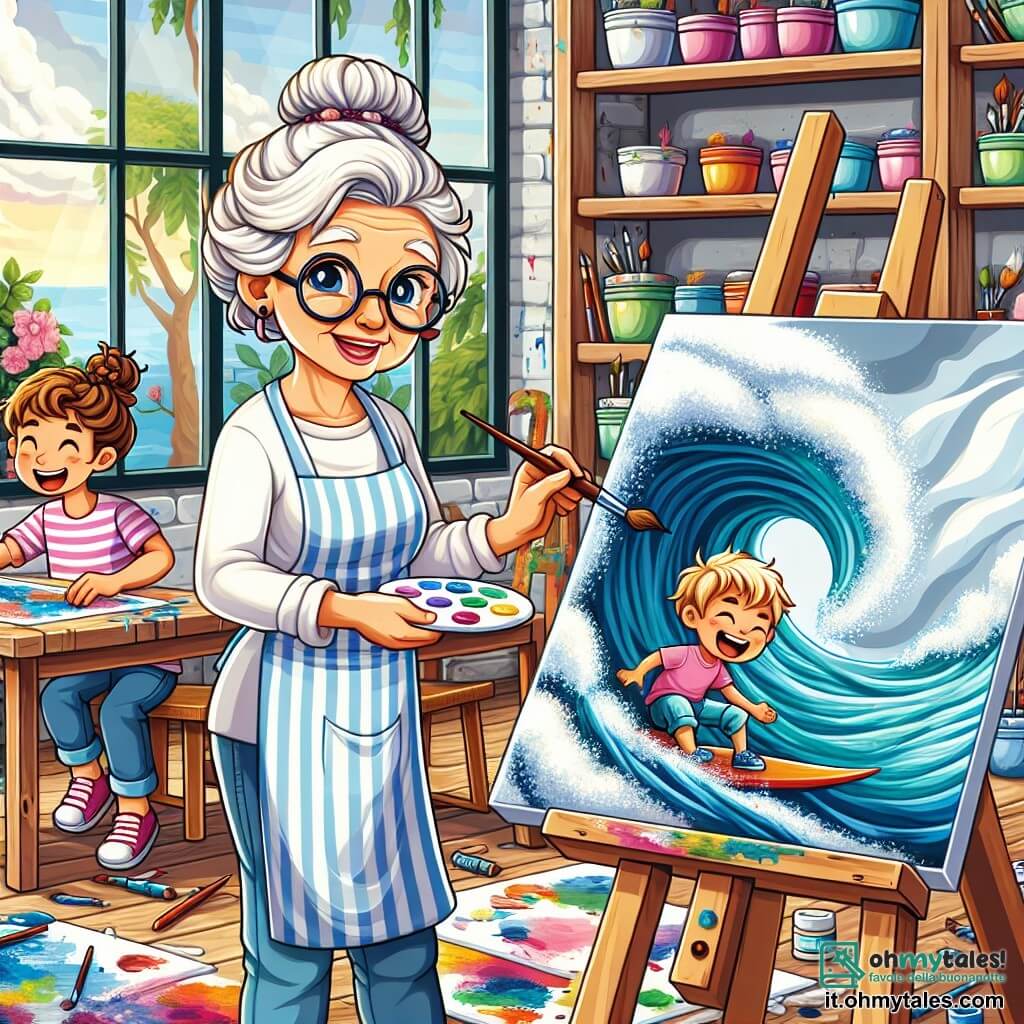 Una donna anziana, Nonna Ada, con i capelli bianchi raccolti in uno chignon leggermente disordinato, indossa occhiali rotondi e un sorriso caloroso sul volto. È in piedi, con un pennello in mano, davanti a una tela bianca, gli occhi brillanti di eccitazione e creatività. Accanto a lei ci sono due bambini: Leo, un ragazzo di 8 anni con i capelli castani arruffati, che dipinge un grande mare in tempesta di colori vivaci sulla sua tela, e Martina, una ragazza di 7 anni con i capelli biondi intrecciati, che ride mentre aggiunge tocchi di blu al suo quadro che rappresenta un gatto. Sono entrambi seduti attorno a un grande tavolo di legno, circondati da barattoli di vernice brillanti e pennelli sparsi. Il luogo è uno studio d'arte luminoso, con grandi finestre che lasciano entrare la luce del sole. Le pareti sono coperte di quadri colorati e il pavimento è cosparso di macchie di vernice. Gli scaffali di legno sono pieni di forniture artistiche e nell'aria aleggia un profumo di vernice fresca. La scena principale mostra Nonna Ada che insegna ai bambini come mescolare i colori, mentre si divertono a creare insieme un'opera collettiva piena di gioia e creatività. Risate e schizzi di vernice riempiono l'atmosfera, catturando lo spirito dell'avventura artistica.