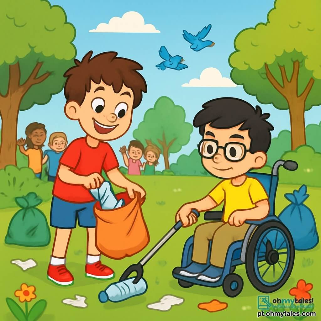 Há 2 personagens principais: - Lucas: um garoto de 10 anos, com cabelo castanho bagunçado e olhos brilhantes. Ele usa uma camiseta vermelha e um short azul. Ele está pegando lixo com um grande sorriso, em pé na grama verde. - Tiago: um garoto de 10 anos, com cabelo preto e óculos. Ele está sentado em uma cadeira de rodas, vestindo uma camiseta amarela e calças bege. Ele usa um longo bastão para pegar uma garrafa plástica, com um olhar determinado. O local é um parque ensolarado, cheio de grandes árvores com folhas verdes vibrantes, flores coloridas e um céu azul claro. O chão está cheio de lixo, mas as crianças trabalham juntas para limpá-lo. É possível ver sacos de lixo coloridos ao redor deles, prontos para serem preenchidos. A situação principal mostra Lucas e Tiago em ação, recolhendo lixo para deixar o parque bonito e limpo. Pássaros voam acima deles, e um grupo de outras crianças os observa com entusiasmo, prontas para se juntar à sua missão ecológica.