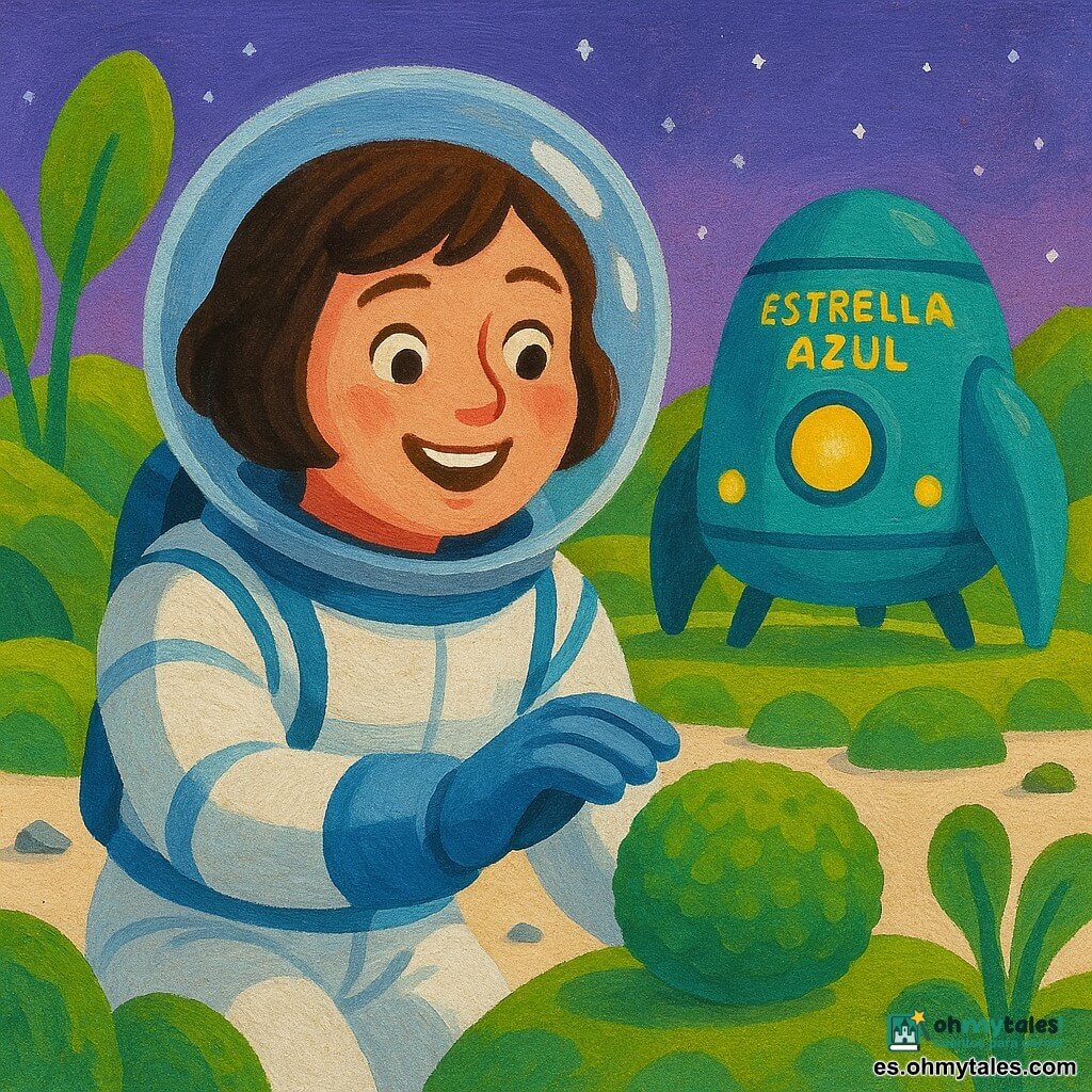 Luna, sonriente y maravillada, con cabello castaño corto bajo un casco transparente, rostro redondo y ojos grandes y claros, vestida con un traje espacial blanco y azul mate, toca suavemente plantas verdes y esponjosas con una mano enguantada; detrás, la nave Estrella Azul, cuerpo redondeado turquesa con luces amarillas, reposa emitiendo un brillo reconfortante como si vigilara la escena; escenario: un pequeño mundo de colinas suaves cubiertas de musgo y grandes plantas en forma de oreja, suelo crema blando, cielo violeta estrellado y pequeñas piedras plateadas; situación: Luna explora con ternura y curiosidad acariciando una planta redonda y mullida, transmitiendo seguridad, calma y alegría del descubrimiento, con colores vivos, contrastes suaves y formas simples y redondeadas aptas para niños pequeños.