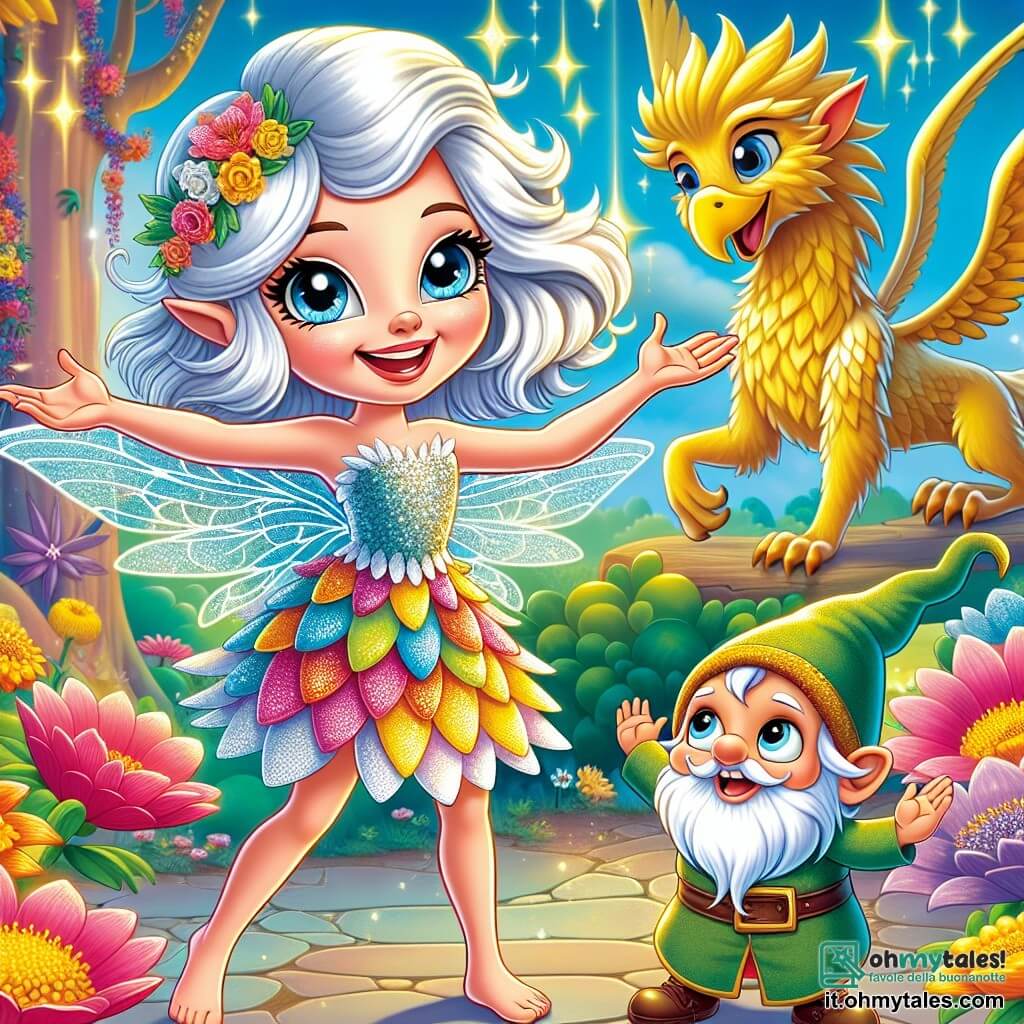 Al centro dell'immagine, Lilla, una bella fata dai capelli argentati, sorride radiosa. I suoi occhi brillano come stelle e indossa un abito fatto di petali di fiori colorati che scintillano alla luce del sole. Canta gioiosamente, con le braccia aperte, circondata da un'aura magica. Accanto a lei, Pip, un piccolo gnomi con grandi orecchie e una folta barba, la guarda con ammirazione. Indossa una tunica verde e un cappello a punta, tenendo una piccola borsa piena di racconti. Gigi, un maestoso grifone dalle piume dorate, si trova sullo sfondo, con le ali spiegate, pronto a proteggere i suoi amici. La scena si svolge presso la Fonte delle Armonie, una sorgente scintillante circondata da fiori multicolori e alberi dai tronchi dorati. L'acqua della fonte scintilla come diamanti e note di musica fluttuano nell'aria, creando un'atmosfera incantata. Lilla canta con passione per ripristinare la melodia magica della fonte, mentre Pip e Gigi la incoraggiano, creando un momento di pura magia e armonia nella foresta.