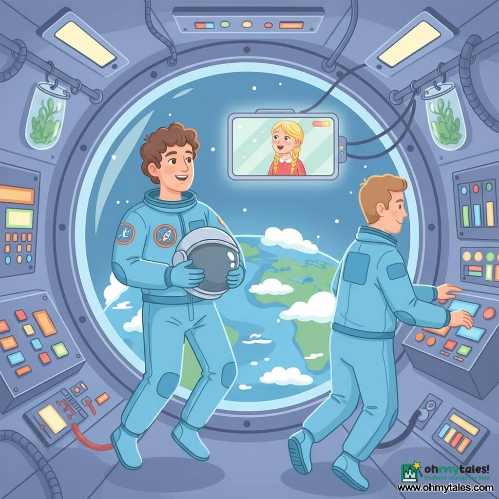 A smiling, awestruck astronaut with curly brown hair in a light-blue suit with a patch floats near a large glass cupola holding a silver helmet to his chest; a fellow astronaut, ~35, fair, short hair in a similar suit tethered to the wall works on an instrument panel to the right; a girl of about 8 with braids in a red dress appears on a small screen or poster on the wall watching in wonder; the bright metallic interior of a space module features a circular window showing the blue-green Earth below, cables, colorful control panels and plant pouches; the main moment: the astronaut gazes at Earth through the cupola, hands on his helmet, with a gentle, proud expression, calm mood, pastel tones, crisp contrasts and simple shapes.