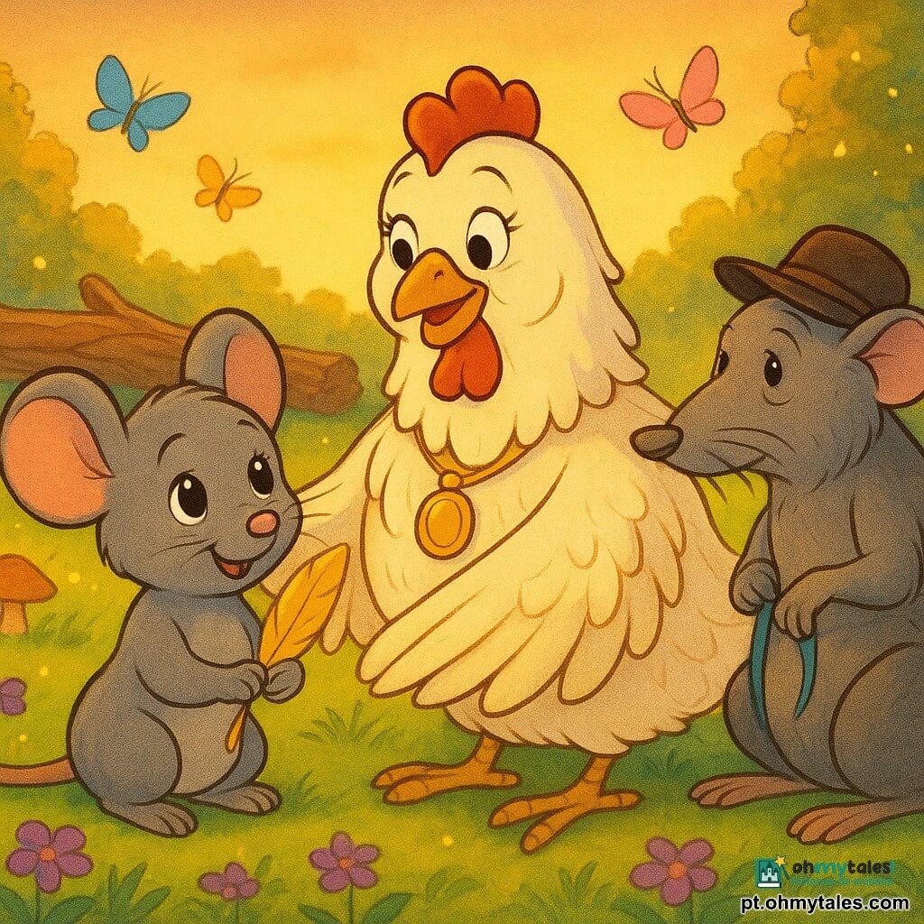 Uma pequena camundonga chamada Mila, pelo cinza macio, olhos redondos brilhantes e sorriso tímido segurando delicadamente uma pena dourada; Dona Cotovia, uma galinha idosa de plumagem creme com tons dourados, olhar terno, asas semiabertas e um medalhão dourado cintilante ao pescoço; um velho rato sábio sentado um pouco atrás, bigodes longos, chapéu de feltro e um fino laço azul na pata, observando com benevolência; cena numa clareira ao entardecer banhada por luz dourada, relva verde salpicada de violetas, alguns cogumelos, um tronco caído, flores tremendo na brisa, borboletas coloridas e vagalumes a brilhar; composição centrada em Mila e Dona Cotovia à frente com o rato à direita, paleta quente e suave (dourados, verdes, violetas e toques de azul), traços arredondados e expressivos, texturas de feltro e aquarela e iluminação suave de crepúsculo.
