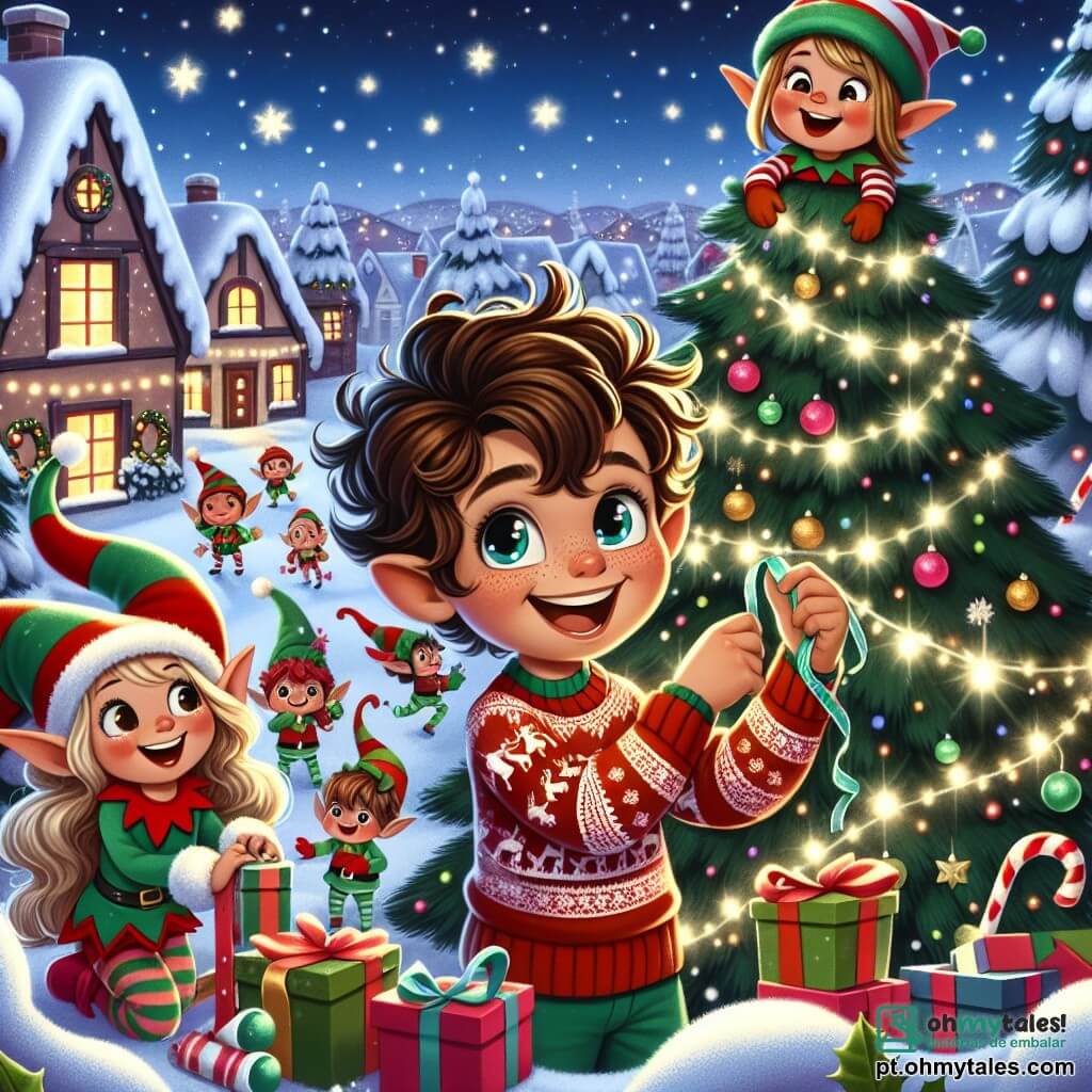 Um garoto de 10 anos, com cabelos castanhos e cacheados, usa um suéter vermelho com um padrão de rena. Seu rosto brilha com um grande sorriso, mostrando sua alegria enquanto ajuda elfos a decorar uma grande árvore de Natal. Ao seu lado, um pequeno elfo chamado Pipoca, com orelhas pontudas e um chapéu verde vibrante, ri segurando uma guirlanda brilhante, pronto para pendurá-la na árvore. Mais adiante, uma menina de 8 anos, com tranças loiras e um gorro de Natal, se diverte embalando presentes coloridos, cercada de fitas e papéis brilhantes. A cena acontece em uma charmosa vila coberta de neve, onde as casas estão decoradas com luzes cintilantes e flocos de neve caindo suavemente. Estrelas brilhantes iluminam o céu noturno, criando uma atmosfera mágica. O garoto e os elfos estão preparando uma grande festa de Natal, cheia de risos e alegria, enquanto decoram a árvore e preparam surpresas para as crianças da vila.
