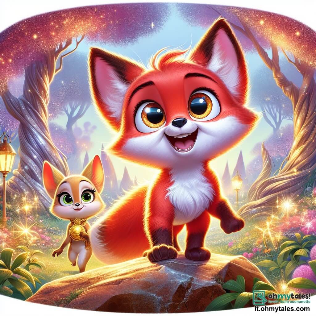 Rocco, una piccola volpe dal pelo rosso vivo e dagli occhi brillanti di curiosità, si trova su una grande roccia, con il vento che sferza il suo pelo. Sorride ampiamente, pieno di eccitazione, tenendo un mappamondo dorato tra le zampe anteriori, pronto per partire all'avventura. Accanto a lui, Seta, una volpe dal pelo dorato e dalle orecchie appuntite, guarda Rocco con aria determinata, gli occhi brillanti di entusiasmo. Si tiene leggermente indietro, pronta a seguirlo, con le zampe pronte a saltare. Lo scenario è un giardino segreto incantevole, pieno di fiori colorati dai petali scintillanti, grandi alberi dai tronchi nodosi e una luce soffusa filtrata attraverso le foglie, creando un'atmosfera magica. Rocco e Seta sono pronti a esplorare questo mondo misterioso, con riflessi di luce attorno a loro, simboleggiando la magia dell'avventura che li attende.
