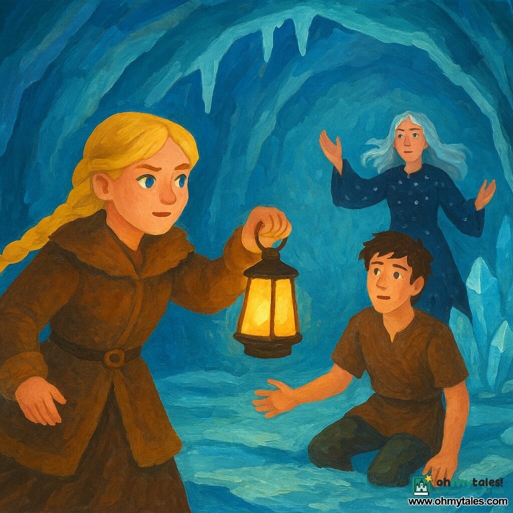 Main girl: Freya, a young woman with braided golden-blond hair, brown fur and leather coat, determined hopeful expression, holding a lantern as she steps toward the entrance of an icy crystal cave; secondary boy: Erik, about 18–20, tousled brown hair, relieved dazed look, standing near crystals inside the cave reaching toward Freya; secondary girl: the North Witch, about 40–50, dark star-speckled robe, silver hair like frost, calm gaze and raised hands on an ice ledge behind Erik breaking a spell; setting: pale blue-lit crystal cave entrance with glittering stalactites, frozen pools reflecting the moon, translucent turquoise-silver walls; scene: an emotional reunion as Freya arrives while the witch dispels magic, cold icy light contrasting with Freya’s warm lantern.