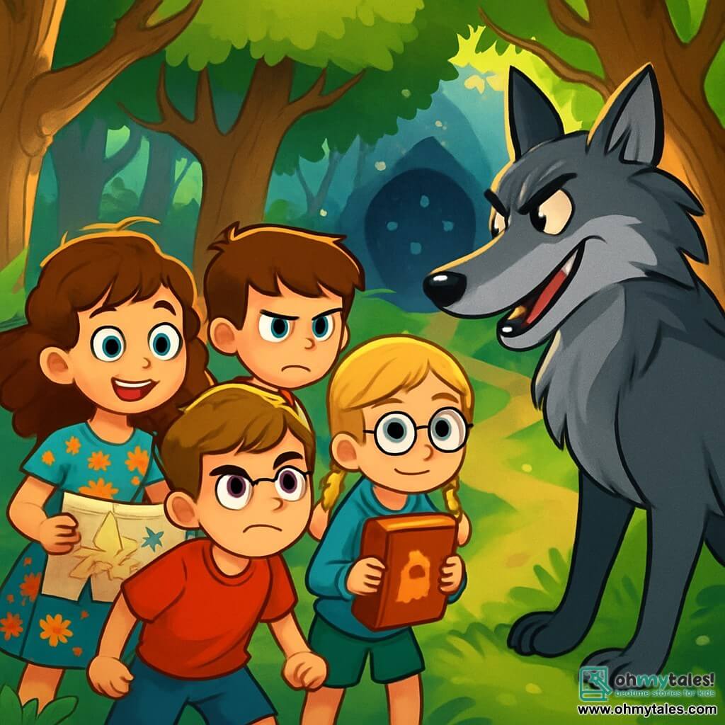 There are 4 children: Mia, a 10-year-old girl with sparkling blue eyes and curly brown hair, wearing a floral dress and holding a treasure map, smiling and enthusiastic; Jake, a 10-year-old boy with messy brown hair and a red t-shirt, brave and standing in front, ready to explore with a determined look; Lucy, a 9-year-old girl with braided blonde hair and round glasses, wearing a blue sweater and holding a storybook, looking around with curiosity; and Max, a 9-year-old boy with black hair and a mischievous smile, wearing shorts and a green t-shirt, hiding behind Lucy but laughing heartily. The children are in a mysterious forest, surrounded by tall, gnarled trees and vibrant green leaves, with sunlight streaming through the foliage, creating dancing shadows on the moss-covered ground. In the background, a winding path leads to a dark, sparkling cave where crystals shine like stars. The main scene shows the children facing the Big Bad Wolf, who stands before them with a cunning smile and piercing eyes. He is tall and imposing, with grey fur and sharp fangs. The children, though nervous, show expressions of determination, ready to take on the wolf's challenge.