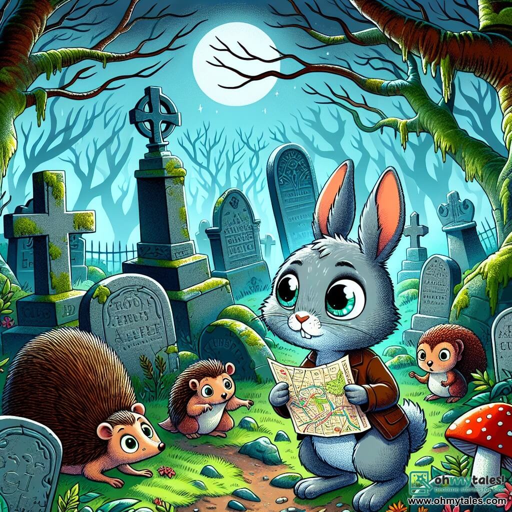 A small gray rabbit named Oliver, with big bright eyes and upright ears, stands in the center of a mysterious cemetery, his face showing both curiosity and slight fear. He holds an old map in his front paws, scrutinizing the ancient tombstones around him. To his right, a small hedgehog named Lily, with brown fur and round eyes, looks at Oliver with admiration, her quills slightly raised in worry. To the left, a squirrel named Jasper, with bright red fur, stands on a gravestone, wide-eyed and ready to flee, yet fascinated by the scene. The cemetery is shrouded in light mist, with moss-covered stone graves, twisted trees with bare branches, and a bright moon casting a silvery glow. Determined, Oliver prepares to uncover the secrets of the whispers floating in the air as the wind rustles the leaves around him.