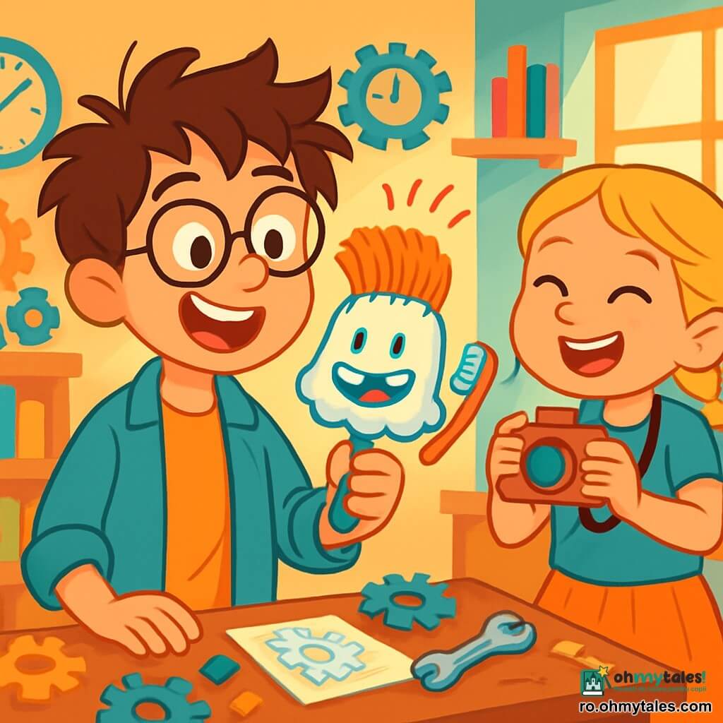 Un tânăr inventator, Mihai, cu părul brun zbârlit și ochelari rotunzi, zâmbește entuziast ținând în mână o perucă de dentist. Fața lui este luminată de bucurie și curiozitate, iar ochii îi strălucesc de excitație. Lângă el, o fetiță, Ana, de aproximativ 10 ani, cu părul blond împletit și o cameră roșie la gât, râde făcând poze invenției. Atelierul lor este un loc magic, plin de ceasuri, rotițe colorate, hârtii împrăștiate și unelte strălucitoare, cu rafturi pline de cărți și jucării. Lumina soarelui pătrunde printr-o fereastră, iluminând praful din aer și creând o atmosferă caldă și creativă. Mihai testează invenția sa ciudată, o perucă de dentist care dansează și face sunete amuzante, în timp ce Ana surprinde fiecare moment cu camera ei. Atmosfera este plină de râsete și energie, în timp ce cei doi prieteni se distrează făcând periajul dinților mai vesel.