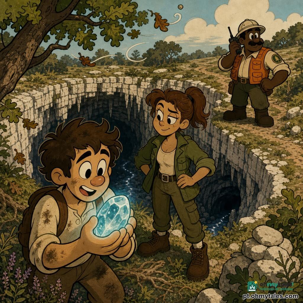 Homem adulto (Tomás), rosto redondo, cabelo castanho despenteado, olhos grandes e sorriso aliviado; segura junto ao peito uma pedra translúcida azulada que emite um brilho frio e cintilante, postura protetora. Mulher adulta (Inês, ~30 anos), garçonete, cabelo castanho preso em rabo de cavalo, jaqueta verde, de pé ao lado de Tomás com mãos na cintura e expressão meio severa, meio aliviada, olhando para a pedra. Homem adulto (guarda florestal, ~40 anos), robusto, capacete leve e colete laranja, ao fundo num trilho em subida falando no rádio, vigilante. Lugar: borda de uma dolina calcária vista de cima, paredes brancas rachadas, vegetação esparsa, abertura escura com estalactites e um fio de água; chão com raízes e pedras brancas empilhadas. Situação: Tomás acaba de subir da gruta com a Relíquia de Vidro; momento logo após a subida — luz da pedra contrastando com a sombra da dolina, vento nas folhas, expressão de proteção e partilha, atmosfera aventureira e suave.