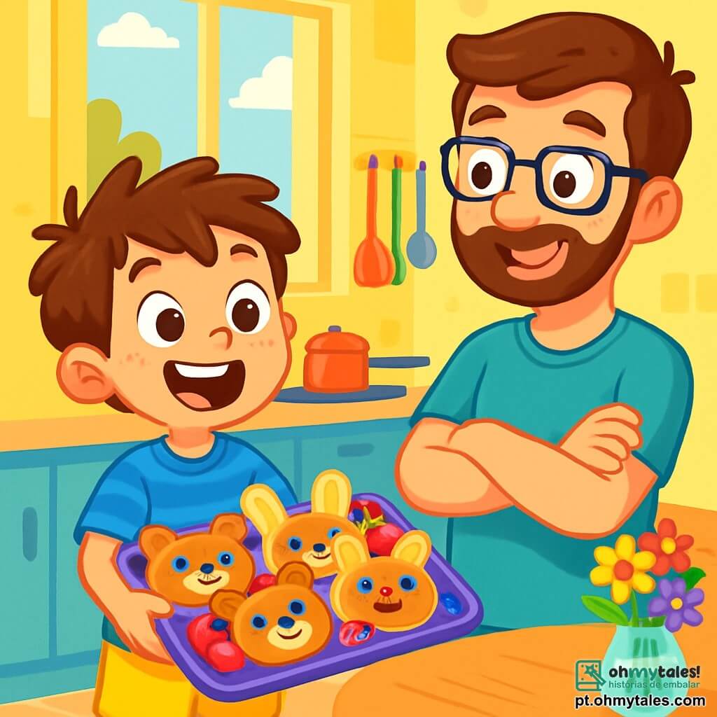 Um menino de 6 anos, Léo, com cabelos castanhos bagunçados e olhos brilhantes de alegria, está de pé em uma cozinha iluminada, com um grande sorriso no rosto. Ele usa uma camiseta listrada azul e um short amarelo, segurando uma bandeja cheia de panquecas em forma de animais, com frutas coloridas por cima. Ao lado dele, seu pai, um homem de cerca de 30 anos com uma barba suave e óculos, olha para Léo com uma expressão surpresa e divertida, de braços cruzados, pronto para saborear a surpresa do filho. A cozinha é espaçosa, com paredes pintadas de amarelo claro, uma grande janela que deixa entrar a luz do sol e utensílios de cozinha coloridos pendurados na parede. Um buquê de flores frescas está sobre a mesa, adicionando um toque de alegria ao ambiente. Léo, todo animado, apresenta orgulhosamente sua bandeja de panquecas ao pai, prontos para celebrar juntos o Dia dos Pais em uma atmosfera alegre e acolhedora.