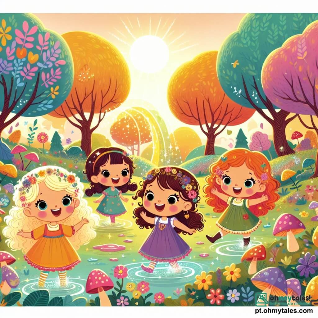 Quatro meninas alegres, com idades entre 7 e 8 anos, estão em uma clareira encantada. Lila, uma garotinha de cabelos loiros e cacheados, sorri amplamente, com olhos brilhantes de travessura. Cora, com cabelos castanhos e franja, observa ao redor com curiosidade, segurando um mapa do tesouro. Mimi, de cabelos ruivos e tranças, salta alegremente em uma poça d'água, espirrando gotas cintilantes. Zuzu, com cabelos castanhos e uma perna mais curta, gira sobre si mesma, rindo alto. A clareira é cercada por árvores de troncos tortos e folhas coloridas, banhadas pela luz dourada do sol poente. Flores multicoloridas e cogumelos engraçados estão espalhados pelo chão, criando uma atmosfera mágica e alegre. As meninas acabaram de descobrir um pote brilhante cheio de Pó Mágico do Riso, e uma nuvem de risadas sai do pote, envolvendo-as em uma atmosfera de felicidade e leveza. Elas riem juntas, caindo na grama, criando uma cena cheia de vida e magia.