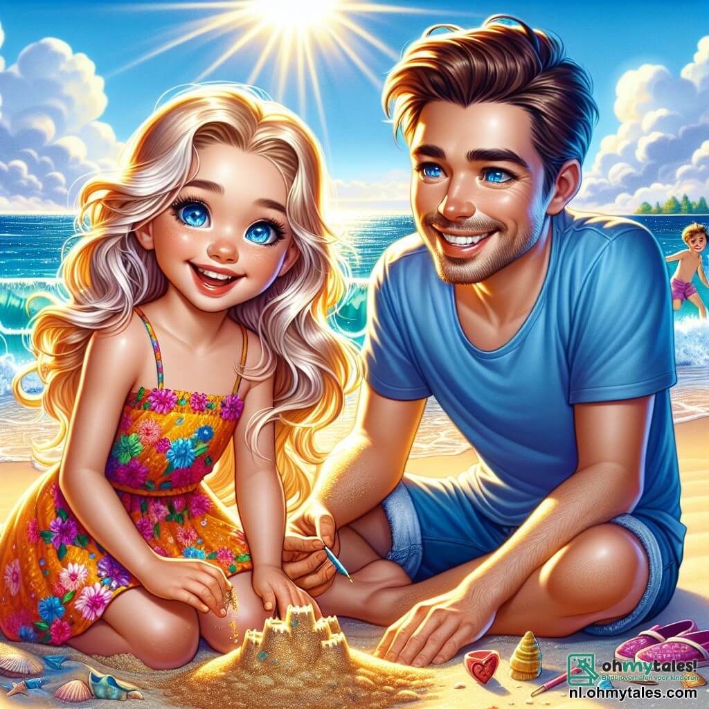 Een 7-jarig meisje, Luna, met glanzend blond haar en sprankelende ogen, zit op het warme zand van een zonnig strand, met een grote glimlach op haar gezicht. Ze draagt een kleurrijke bloemenjurk en bouwt enthousiast een zandkasteel, haar handen vol gouden korrels. Naast haar zit haar vader, een man van rond de dertig met bruin haar en een lichte baard, die blij is en een hartvormige schelp vasthoudt die hij net heeft gevonden. Hij draagt een blauwe t-shirt en shorts, en kijkt trots naar Luna, terwijl ze dit kostbare moment delen. Op de achtergrond schittert de zee onder de zon, met zachte golven die het strand kussen, terwijl kinderen verderop spelen en lachen. De lucht is helderblauw met enkele donzige witte wolken. De hoofdscène toont Luna en haar vader die samen een gelukkige tijd doorbrengen, hun zandkasteel bouwend, wat hun sterke band symboliseert ondanks de veranderingen in hun gezinsleven.