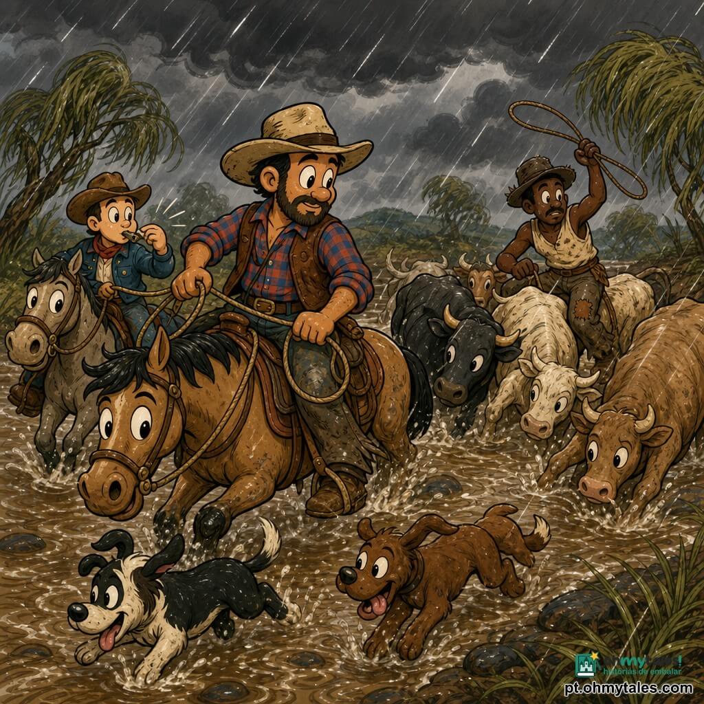 Homem adulto, cow-boy Tomás, expressão concentrada e resoluta, barbas curtas, pele bronzeada, chapéu de feltro bege gasto, camisa xadrez vermelha e azul, colete de couro marrom, botas enlameadas; a cavalo, segura um laço e guia a cabeça de um rebanho através de um vau lamacento. Menino jovem, Zeca, ~18 anos, expressão preocupada mas corajosa, rosto risonho, chapéu menor, jaqueta azul simples; a cavalo à esquerda de Tomás, assopra um apito e controla a linha da tropa para evitar pânico. Homem de meia-idade, Dário, ~35 anos, expressão tensa porém voluntarioso, regata suja e calças remendadas; atrás da coluna de vacas, pronto para lançar um laço ou ajudar um novilho escorregadio. Dois cães de pastoreio, corpos compactos e pelo curto, um preto e branco e outro marrom, em posições alertas correndo entre os animais para canalizá-los. Local: um vau estreito e lamacento, água marrom com remoinhos, seixos escorregadios, margens herbosas molhadas, céu tempestuoso com nuvens cinza-escuro e chuva oblíqua, alguns salgueiros inclinados sobre a água. Situação: travessia dramática do rebanho na chuva, vacas hesitantes com água até as canelas, respingos visíveis, movimentos rápidos dos cow-boys para conter os animais, tensão palpável e heroica, composição dinâmica com diagonais fortes e paleta de tons terrosos realçada por gotas brilhantes.