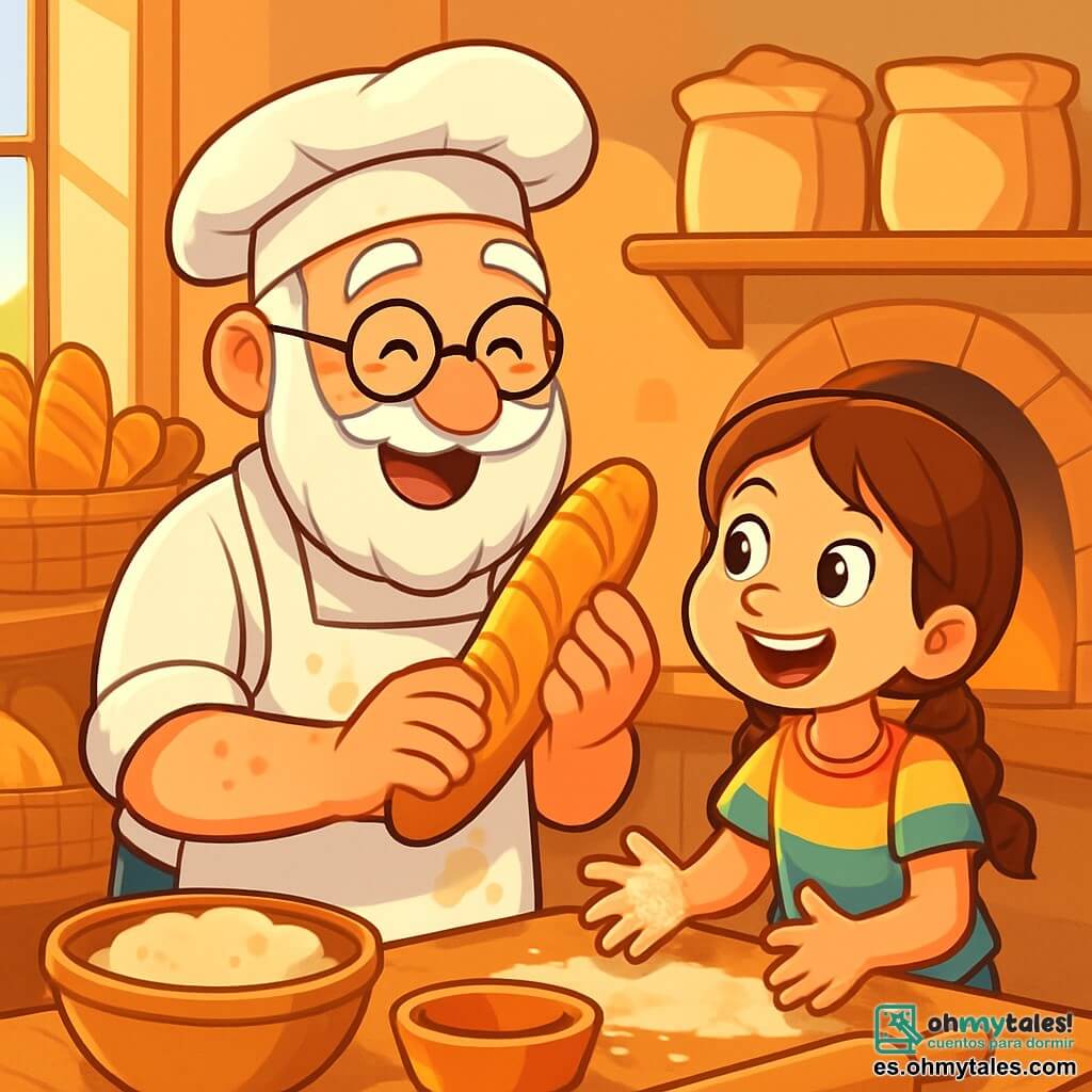 Un hombre mayor, Don Manuel, con barba blanca y gafas redondas, sonríe alegremente mientras sostiene una baguette dorada y crujiente en sus manos. Lleva un delantal blanco manchado de harina y un sombrero de panadero, con los ojos brillando de felicidad. A su lado, una niña de 8 años, Lucía, con cabello castaño y trenzas, mira maravillada la baguette, con los ojos llenos de emoción. Ella lleva una camiseta colorida y un short de mezclilla, con las manos llenas de harina. El escenario es una acogedora cocina de panadería, con estanterías de madera llenas de sacos de harina, cestas de pan fresco y un gran horno de ladrillos que emite un suave calor. La luz de la mañana entra por una ventana, iluminando la escena con un resplandor dorado. La situación principal muestra a Don Manuel enseñando a Lucía cómo dar forma al pan, ambos rodeados de tazones de masa y utensilios de panadería, creando juntos un momento mágico de compartir y descubrir.