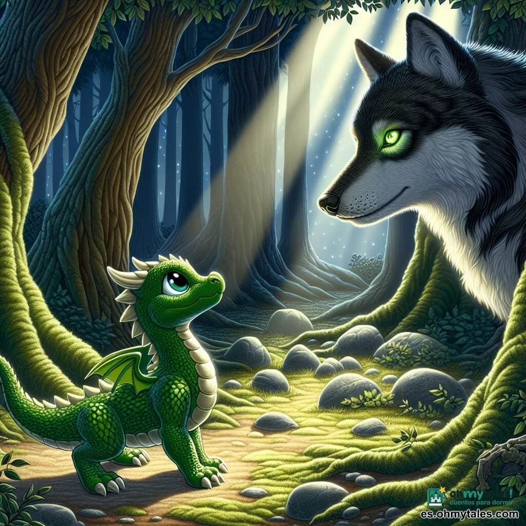 Un pequeño dragón esmeralda, con escamas brillantes, se encuentra en el centro de un claro soleado, con ojos curiosos y una sonrisa decidida. Observa atentamente al gran lobo majestuoso, cuyos ojos brillan como estrellas en la noche, mostrando una expresión a la vez misteriosa y sabia. El lobo, con su pelaje oscuro y sedoso, se mantiene ligeramente retirado, rodeado de árboles imponentes, como si vigilara al dragón con orgullo. El lugar es un claro oscurecido por árboles de troncos nudosos, donde la luz de la luna filtra a través de las hojas, creando un juego de sombras y luces en el suelo cubierto de musgo. La escena irradia una atmósfera mágica e intrigante, donde se puede sentir la tensión de un momento decisivo. El dragón, listo para enfrentar su desafío, se concentra en el lobo que lo observa, mientras una suave brisa hace danzar las hojas a su alrededor, añadiendo un toque de misterio a este encuentro inolvidable.