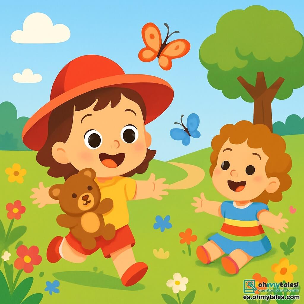 Una niña de 2 años, Ana, con grandes ojos brillantes y una sonrisa alegre, lleva un bonito sombrero rojo. Corre en un jardín verde, con los brazos abiertos, llena de emoción y felicidad. A su lado, su amigo Leo, un oso de peluche suave y esponjoso, está abrazado a su corazón, con una cara amigable y ojos redondos. Sofía, otra niña de aproximadamente 3 años, con cabello rizado y un vestido colorido, las observa riendo. Está sentada en la hierba, rodeada de flores brillantes, y extiende los brazos para unirse a ellas. El jardín está lleno de flores multicolores, mariposas revoloteando y un cielo azul brillante. A lo lejos, un gran árbol ofrece sombra y un camino de grava serpentea por el paisaje. La escena principal muestra a Ana y Sofía corriendo alegremente tras una mariposa colorida que danza en el aire, mientras Leo, el oso de peluche, las acompaña con una mirada llena de amistad.
