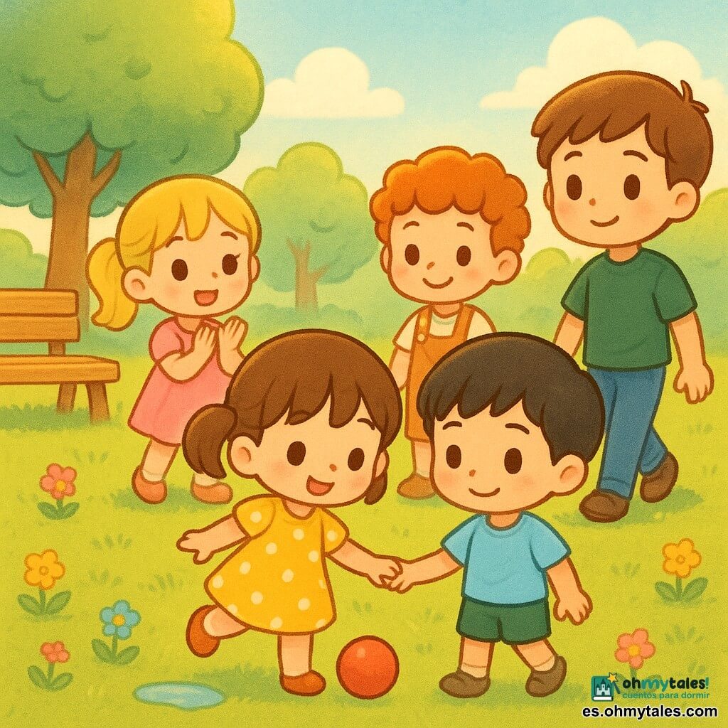 Hay cinco personajes: Ana, niña de 4 años, pelo castaño en coletas, vestido amarillo con lunares blancos, sonriente, controla una pequeña pelota roja con el pie a la izquierda; Mateo, niño de 4 años, pelo negro corto, camiseta azul claro y pantalón corto verde, sostiene la mano de Ana y mira la pelota, a su derecha; Elena, niña de 5 años, pelo rubio en coleta, vestido rosa, aplaude suavemente detrás a la izquierda; Pablo, niño de 5 años, rizos pelirrojos, peto naranja, sonríe con los brazos cruzados a la derecha; niño mayor de 9 años, pelo castaño, camiseta verde oscuro, llega caminando despacio desde la derecha. Lugar: parque soleado y césped verde con flores, un banco de madera a la izquierda, charco brillante, árboles redondeados y cielo azul con nubes. Situación: dos niños juegan tranquilamente con una pelota roja que rueda entre Ana y Mateo mientras los demás miran y aplauden; ambiente cálido y pacífico, colores vivos, luz dorada de tarde, estilo chibi kawaii con ojos grandes y mejillas rosadas.