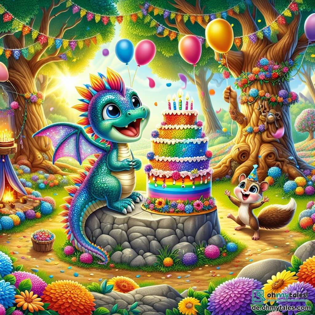 Flämmchen, ein fröhlicher kleiner Drache mit schimmernden Schuppen in Regenbogenfarben und winzigen glänzenden Flügeln, sitzt auf einem großen Felsen in der Mitte der Szene, ein breites Lächeln erhellt sein Gesicht, während er seine Geburtstagsfeier bewundert. Neben ihm hängt Nüsschen, ein schelmisches Eichhörnchen mit braunem Fell und buschigem Schwanz, fröhlich von einem Ast und hält bunte Blumen, die er um die Feier hängt. Ort: eine verzauberte Lichtung in einem magischen Wald, gefüllt mit strahlenden Blumen, großen Bäumen mit knorrigen Stämmen und Sonnenstrahlen, die durch das Laub filtern und eine warme, festliche Atmosphäre schaffen. Die Hauptsituation zeigt Flämmchen umgeben von seinen tierischen Freunden, die alle zusammen lachen und spielen, mit einem wunderschönen Regenbogenkuchen in der Mitte, während Luftballons in der Luft schweben und Blumengirlanden den Raum dekorieren.