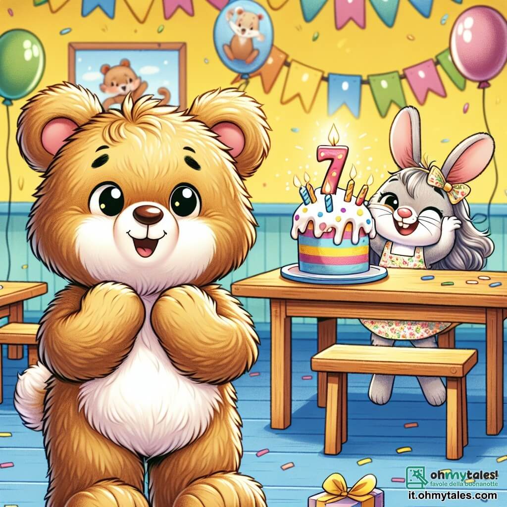 Un giovane orsetto di peluche, con un morbido pelo marrone e occhi brillanti di gioia, si trova al centro di un'aula decorata per un compleanno. Sorride ampiamente, con le piccole zampe sollevate in segno di entusiasmo, mentre guarda una grande torta colorata su un tavolo, decorata con candele scintillanti. Accanto a lui, una piccola coniglietta dalle grandi orecchie e pelo bianco, con un bel grembiule a fiori, applaude con un sorriso radioso, piena di eccitazione per la festa. Un topolino, con pelliccia grigia e occhi maliziosi, si nasconde dietro un palloncino, ridendo gioiosamente mentre tiene un piccolo regalo tra le zampe. La scena si svolge in un'aula luminosa, con muri gialli e festoni di carta colorata appesi al soffitto. Disegni di bambini decorano le pareti, e banchi di legno sono disposti attorno a un grande tavolo dove si trova la torta di compleanno. Il momento magico mostra gli amici dell'orsetto che gli fanno una sorpresa di compleanno, riempiendo la stanza di risate e gioia, mentre si preparano a cantare "Tanti Auguri".