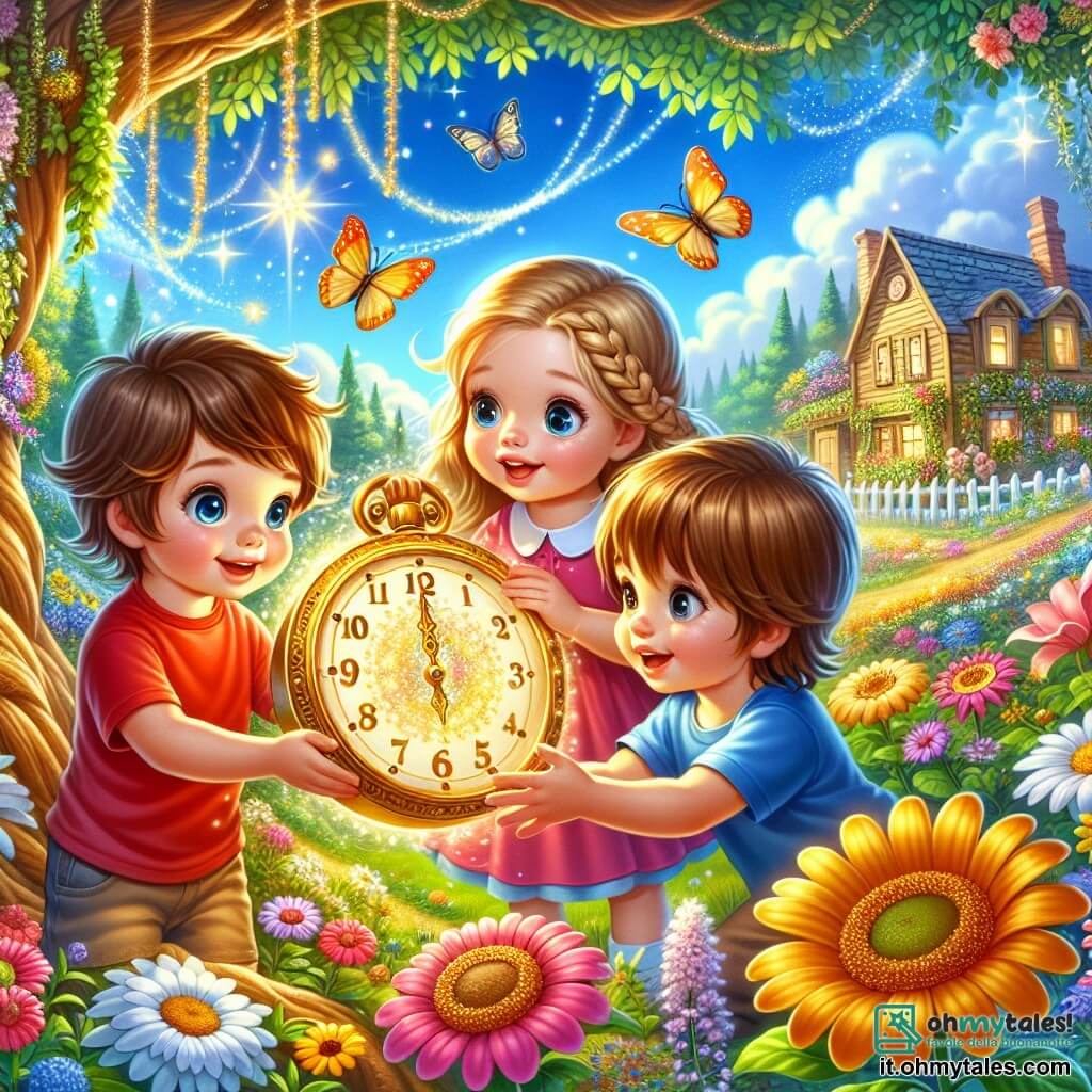 In un giardino soleggiato, tre bambini sono riuniti. Luca, un ragazzo di tre anni con i capelli castani disordinati e una maglietta rossa, tiene un piccolo orologio dorato tra le mani, con gli occhi che brillano di eccitazione. Alla sua sinistra, Sara, una bambina di tre anni con lunghi capelli biondi intrecciati e un vestito rosa, guarda l'orologio con meraviglia. A destra, Marco, un ragazzo di tre anni con i capelli castani e in pantaloni corti blu, sorride indicando un grande albero dietro di loro. Il giardino è pieno di fiori colorati, farfalle svolazzanti e un cielo blu splendente. Sullo sfondo si intravede una piccola casa di legno con una recinzione bianca. La scena principale mostra i bambini che scoprono l'orologio magico, circondati da un'aura scintillante, mentre si preparano a usarlo per viaggiare nel tempo, con elementi di magia e avventura che fluttuano attorno a loro.