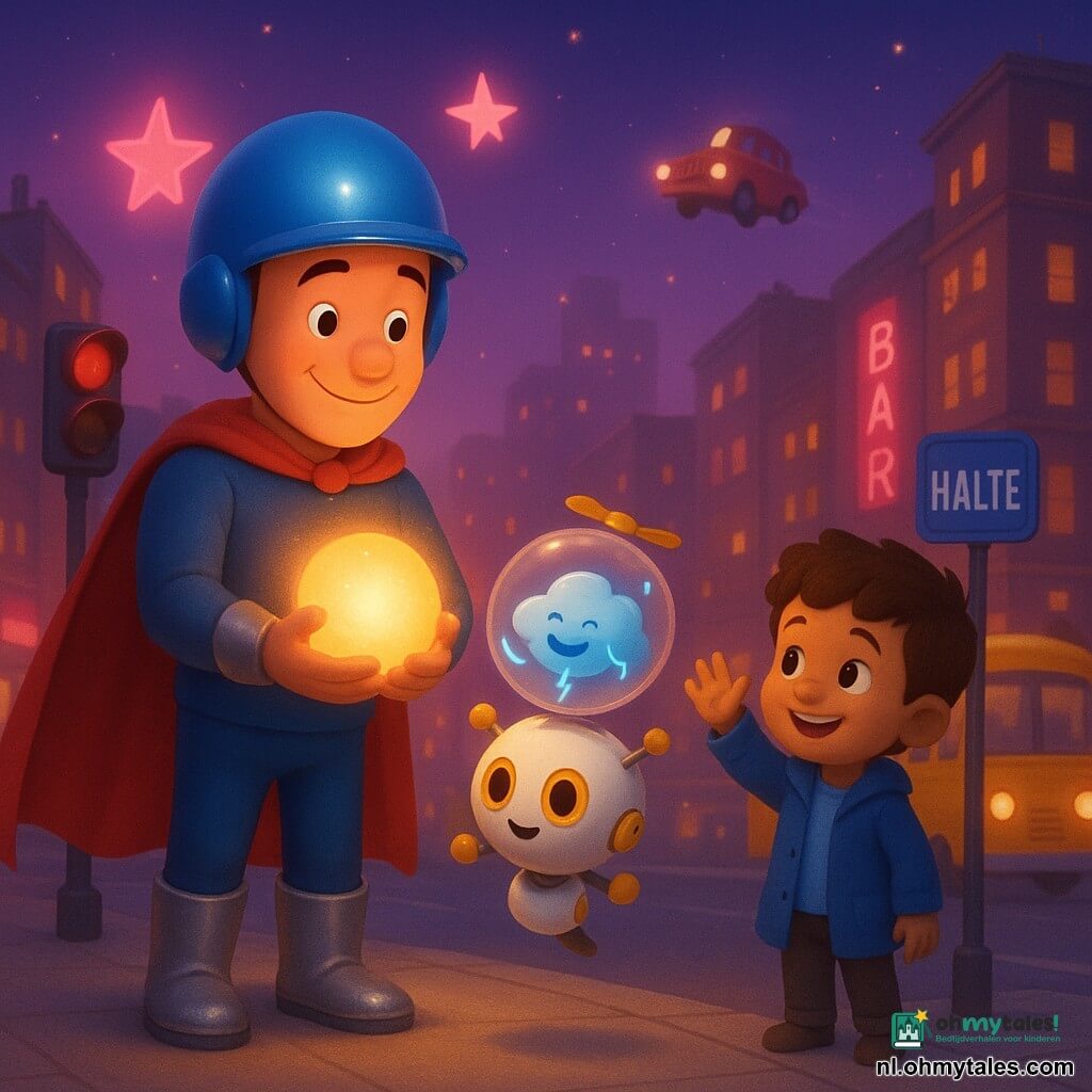 Kapitein Komeet glimlachend en goedhartig, met glanzende blauwe helm, rode cape en zilverkleurige laarzen, houdt een warme gouden lichtbol; naast hem zweeft de kleine ronde robot Piep, wit met gele accenten, die een glazen bol draagt waarin het ondeugende maar blije elektrische wolkje Vonkie met zachte blauwe vonken zit; een ongeveer zesjarige jongen met bruin haar en blauwe jas staat bij een bushalte en zwaait glimlachend naar Kapitein Komeet; scène: stadsdaken bij schemering boven een plein met een vintage verkeerslicht, vliegende auto’s, een gele bus met verlichte ramen en roze neon, warme sfeer, verzadigde kleuren en zachte, ronde vormen terwijl Kapitein het wolkje rustig stelt en Piep het veilig houdt.