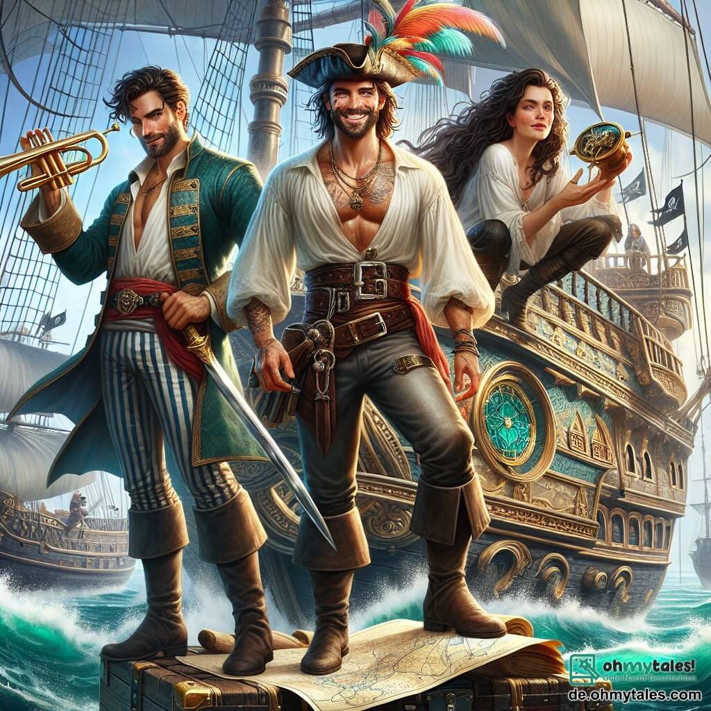 Der Hauptcharakter, ein Mann namens Klaus, ist ein Pirat mit strahlendem Lächeln und abenteuerlichen Augen. Er trägt einen Piratenhut mit einer bunten Feder, ein weißes Hemd mit Puffärmeln und gestreifte Hosen. Klaus steht stolz auf dem Deck seines großen Schiffes, der „Aventurelust“, und schwenkt eine Trompete, bereit, seinen Feinden entschlossen entgegenzutreten. An seiner Seite ist Rudi, ein kräftiger Mann von etwa 30 Jahren mit brauner Bart und muskulösen Armen, der ein großes Netz zum Fang feindlicher Piraten vorbereitet. Lila, eine 25-jährige Frau mit langen, welligen Haaren, beugt sich über eine Karte und sucht nach einem Fluchtweg. Die Szene spielt auf einem prächtigen Piratenschiff, das über ein türkisfarbenes Meer segelt, mit funkelnden Wellen unter einem blauen Himmel mit weißen Wolken. Klaus und sein mutiges Team bereiten sich darauf vor, Captain Schrecklichs Piraten zu begegnen, während Klaus in seine Trompete bläst, um sie zu erschrecken, während Rudi und Lila um ihn herum aktiv sind, bereit, ihr Schiff zu verteidigen und ein neues aufregendes Abenteuer zu erleben.