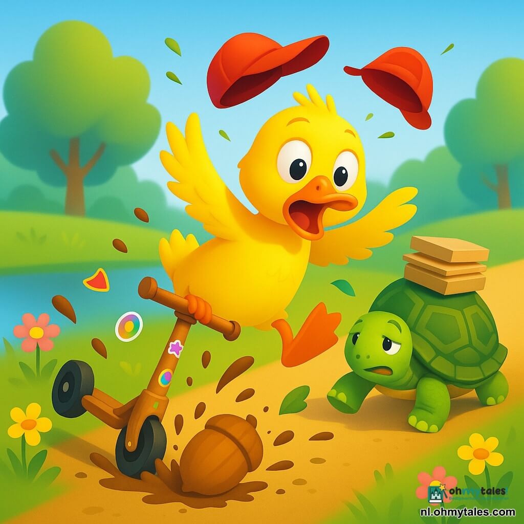 Een felgele eend met glanzende veren en verbaasde ogen draagt een scheef rode pet en springt onhandig van een zelfgemaakte houten step met een bezemstang als stuur en kleurrijke stickers; een schildpad met groenbruine schildtekening en een rustige, geamuseerde blik draagt stapels doosjes op zijn rug en staat net achter de eend op de rand van het pad; het aarde­pad met roze en gele wilde bloemen en een klein plasje links weerspiegelt de lucht, en de komische, chaotische scène toont hoe de step tegen een grote bruin‑oranje eikel knalt waardoor de eend de lucht in gaat, stickers en pet rondvliegen en modderspetters en bladeren opspatten.