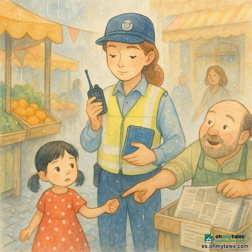 Una joven policía sonriente y serena, con uniforme azul claro y chaleco reflectante amarillo, cabello castaño en coleta, sostiene una pequeña radio y su libreta azul mientras guía con gestos abiertos y postura tranquilizadora a una niña de unos 6 años de cabello negro en coletas y vestido rojo con lunares blancos, que mira inquieta pero confiada y sujeta la mano de un vendedor; el vendedor, Tomás, un hombre de unos 50 años, de rostro redondo y barbado, con delantal verde, está detrás de su puesto de prensa inclinándose para indicar la dirección del padre; el mercado callejero tiene puestos de madera coloridos, cestas de frutas, banderolas de tela, adoquines grises húmedos por una ligera lluvia y al fondo una panadería con persianas cerradas que desprende olor a pan, creando una atmósfera cálida y tranquila.