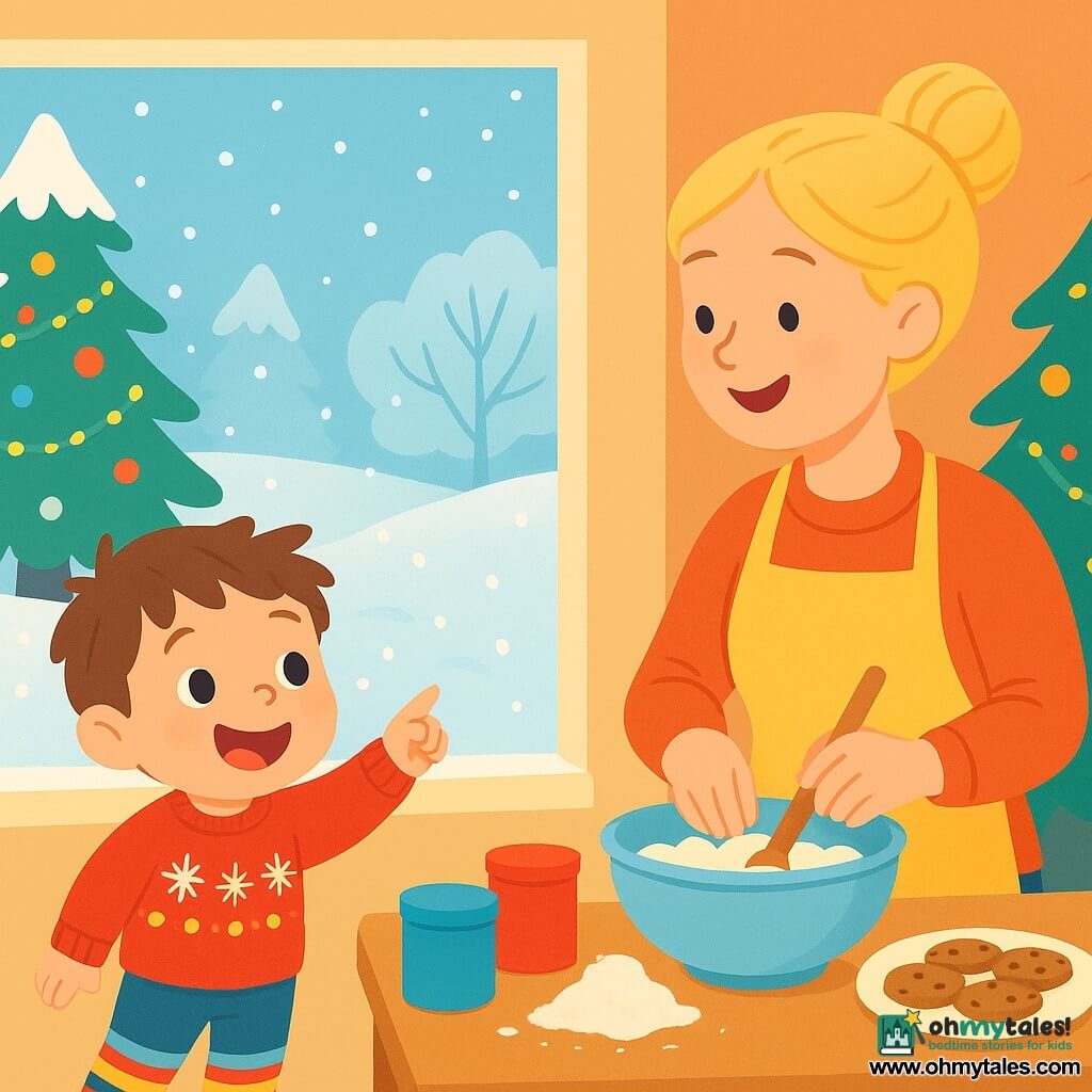 A 2-year-old boy with messy brown hair and a big joyful smile is looking out the window. He is wearing a red sweater with snowflakes and striped socks. His face shows curiosity and wonder. Next to him, his mother, a woman in her thirties with blonde hair tied in a bun, is baking cookies in the kitchen, surrounded by colorful jars and flour flying in the air. The room is cozy, with a Christmas tree decorated with sparkling garlands and colorful ornaments. Outside, a magical winter landscape stretches out, with snow-covered trees and gently falling snowflakes. The little boy, amazed, points to the snow covering the garden, ready to discover the wonders of Christmas.